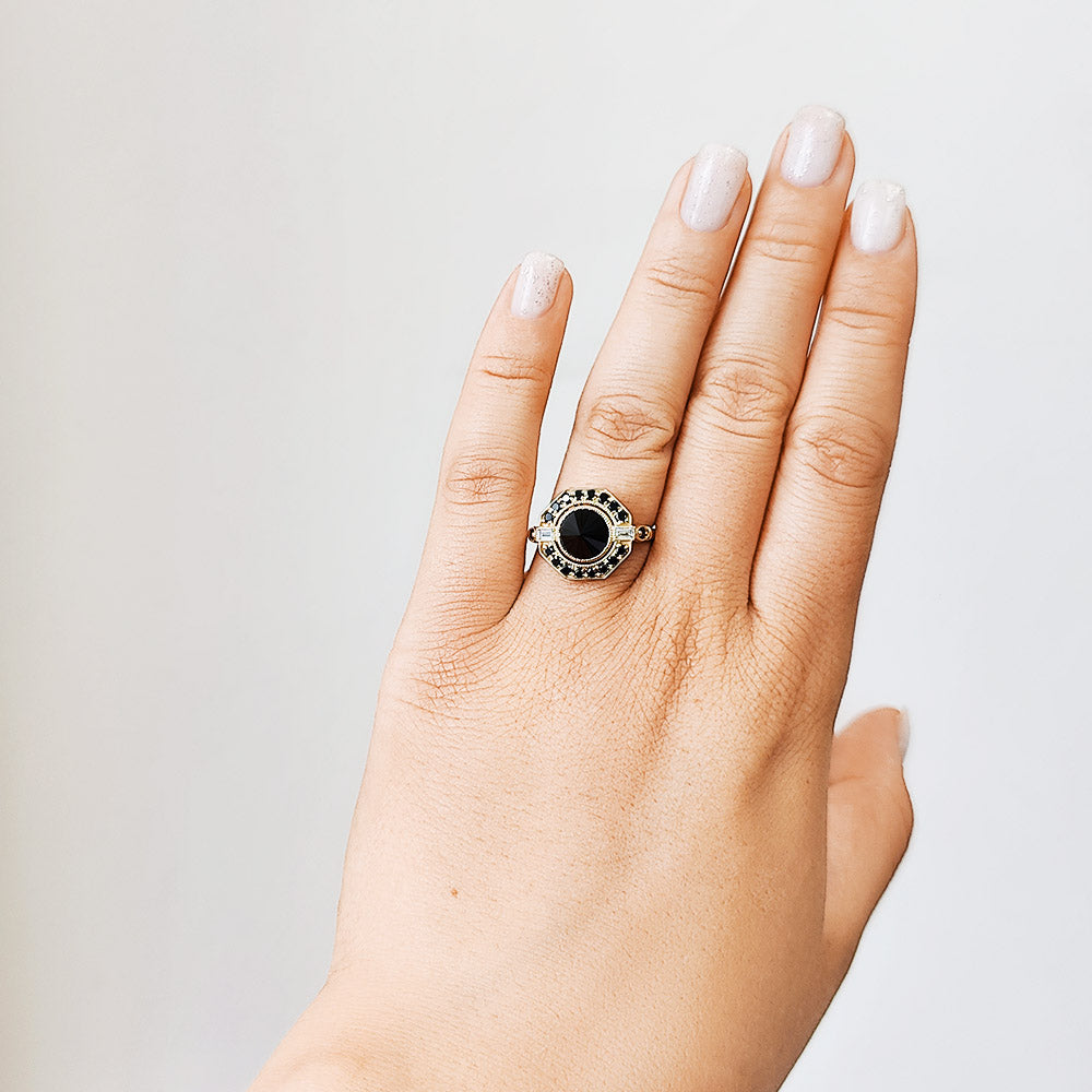 Inverted  Natural Black & White Baguette Diamond Ring