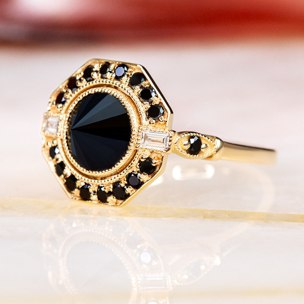 Inverted  Natural Black & White Baguette Diamond Ring