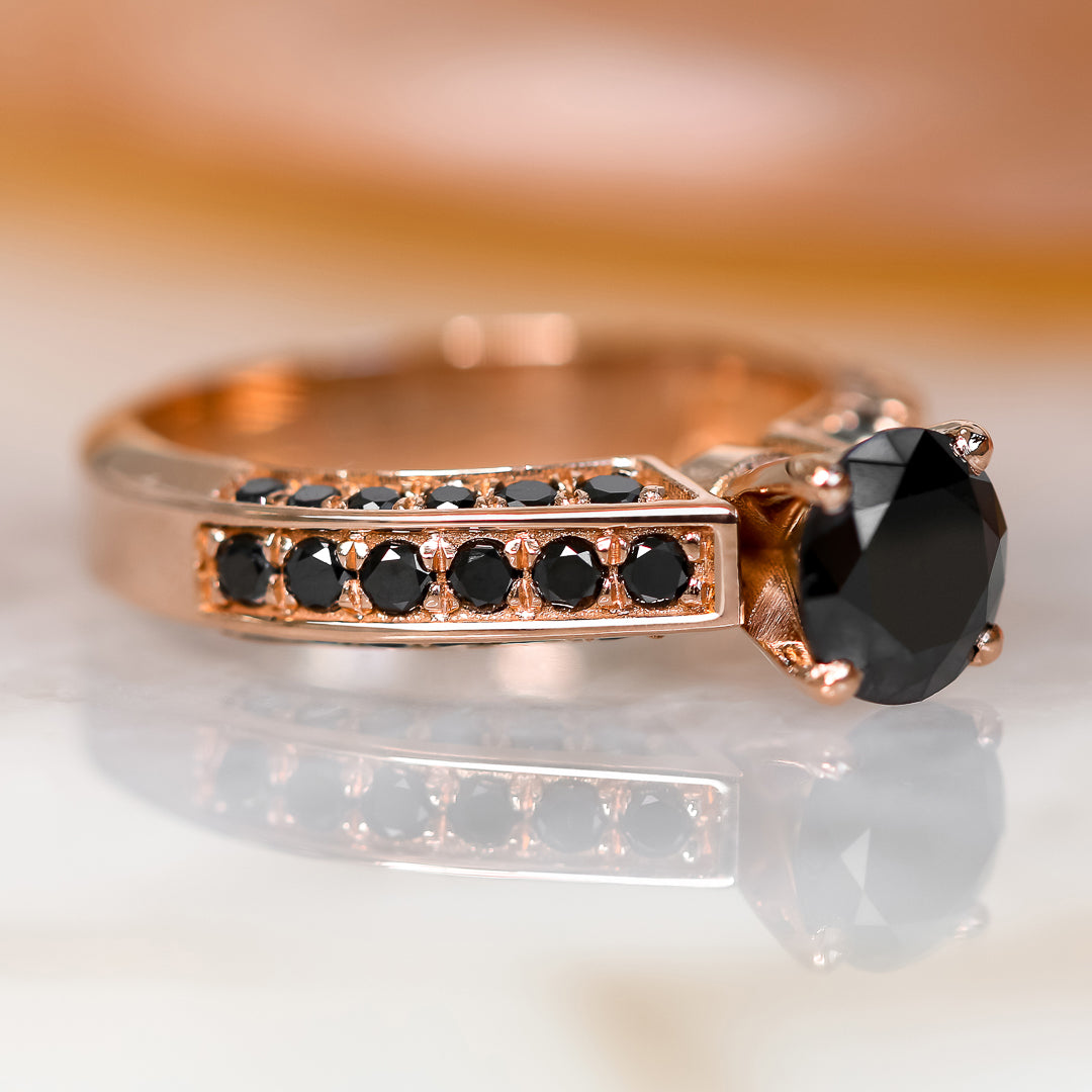 Art Deco Natural Black & White Round Diamond Ring in Rose Gold