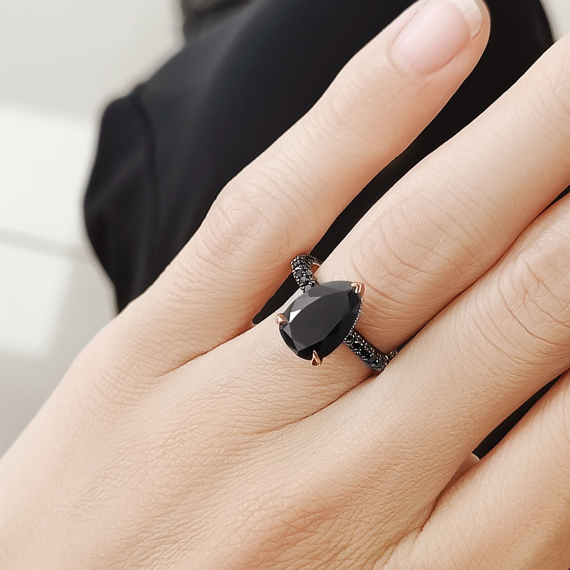 Black Diamond Natural Black Diamond Pear Engagement Ring in Rose Gold