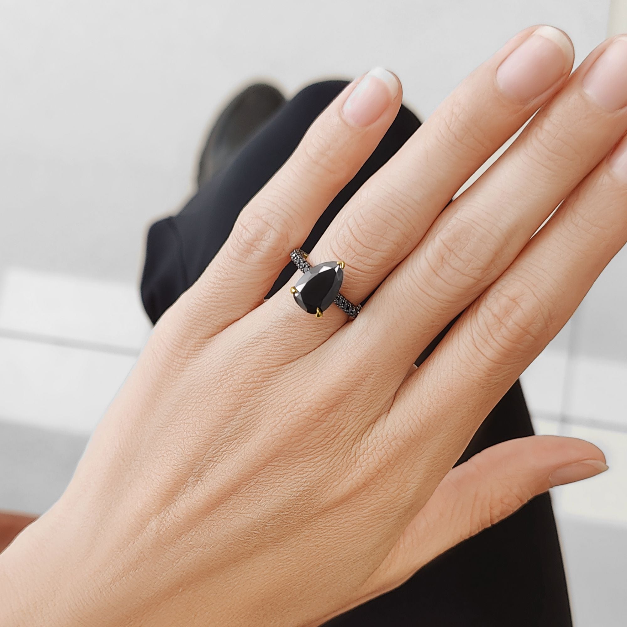 Natural Black Diamond Pear Engagement Ring in 14K Gold
