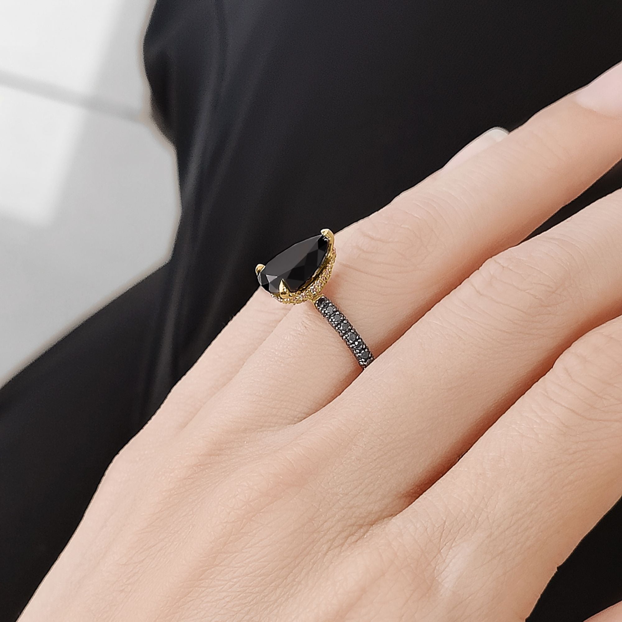 Natural Black Diamond Pear Engagement Ring in 14K Gold