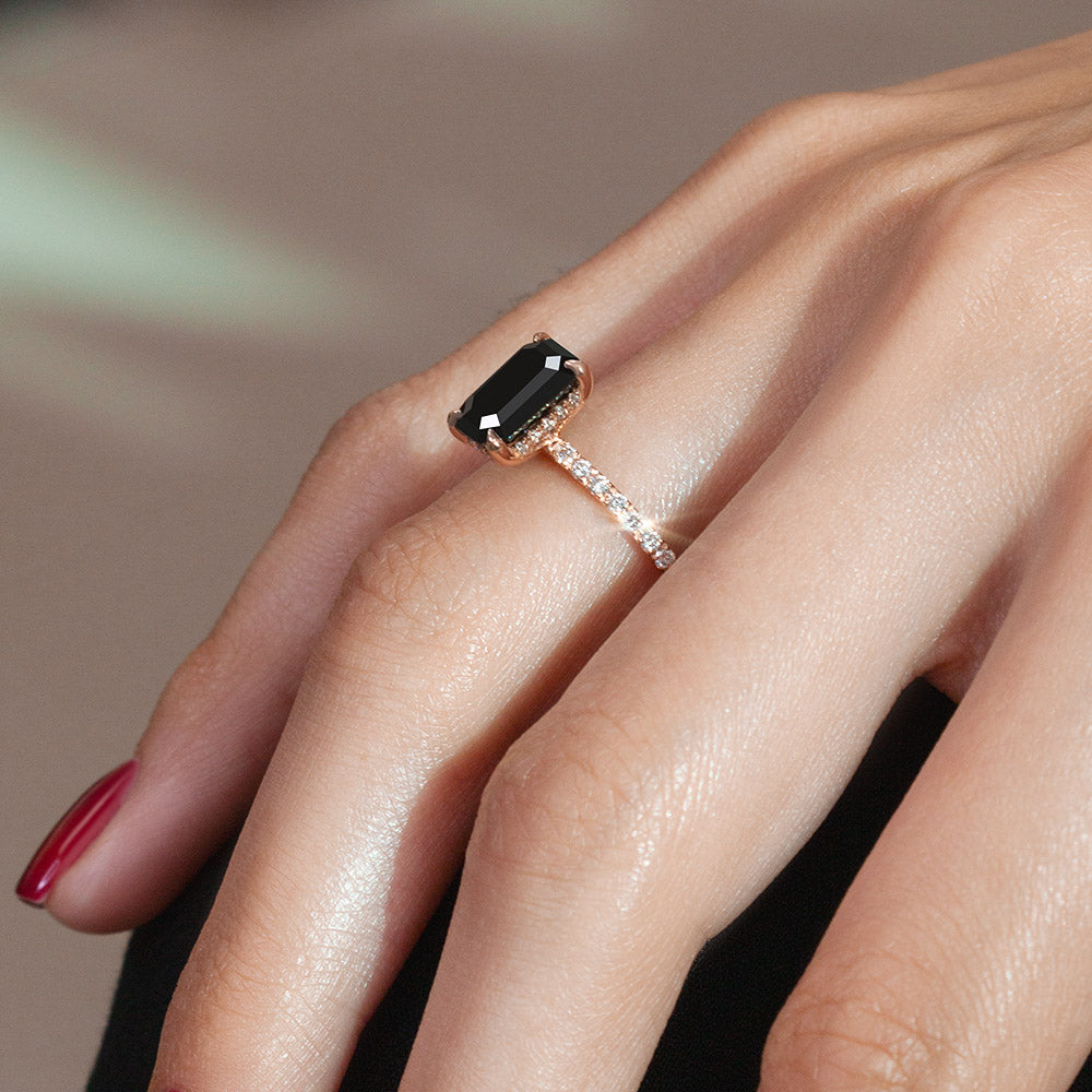 2.2 Carats  Natural Black Diamond Emerald Cut Engagement Ring