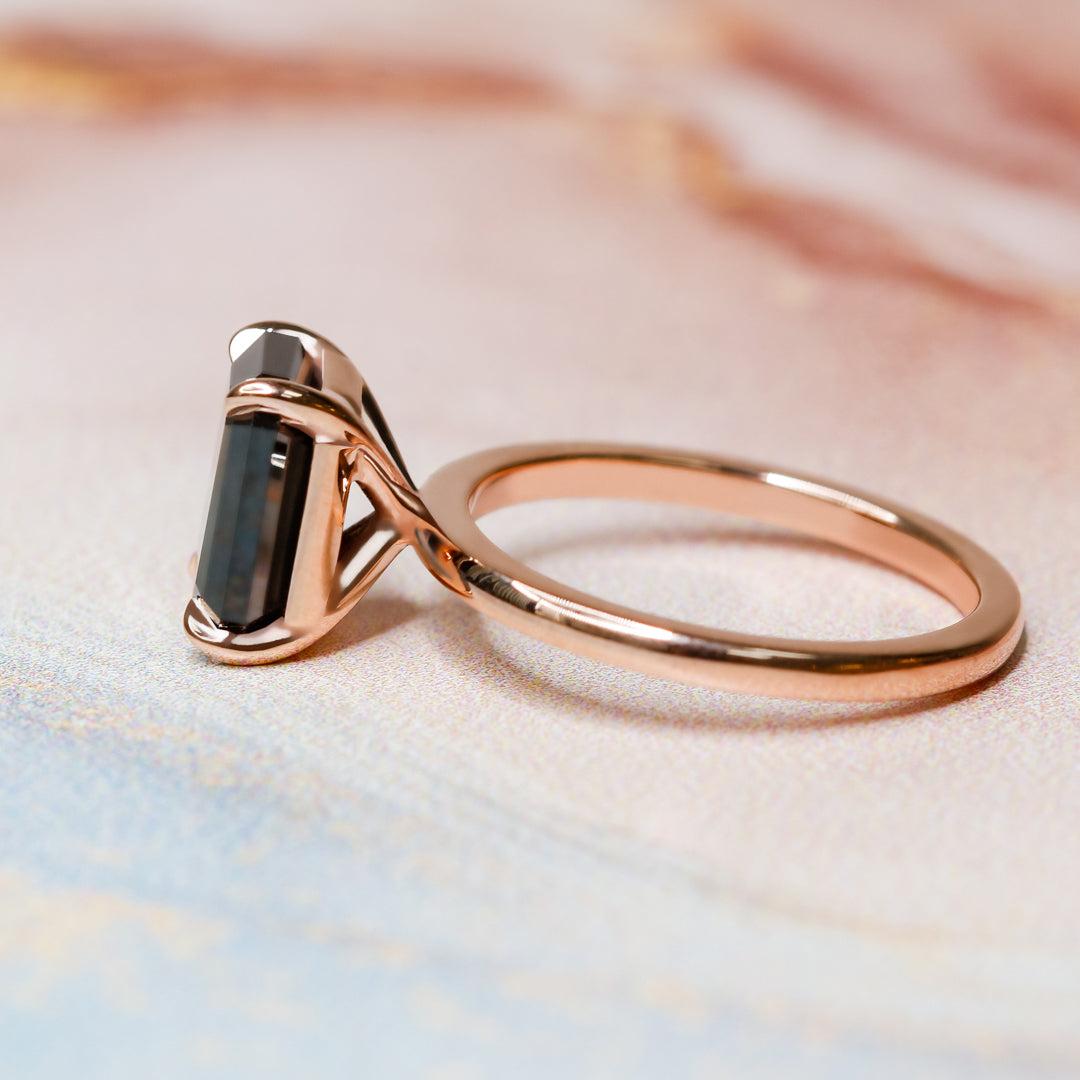 Solitaire  Natural Black Diamond Emerald Cut Engagement Ring