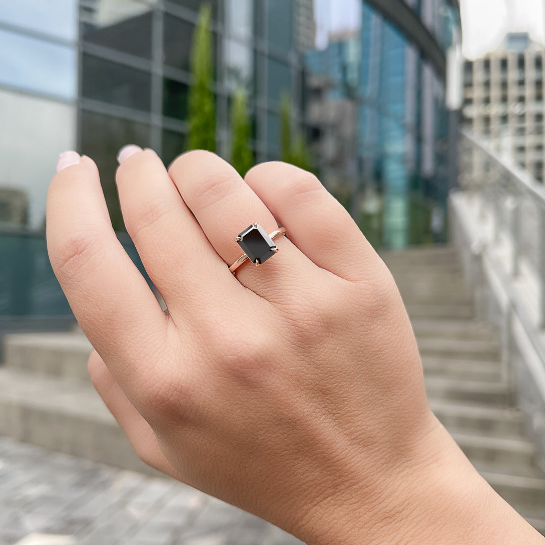 Solitaire  Natural Black Diamond Emerald Cut Engagement Ring