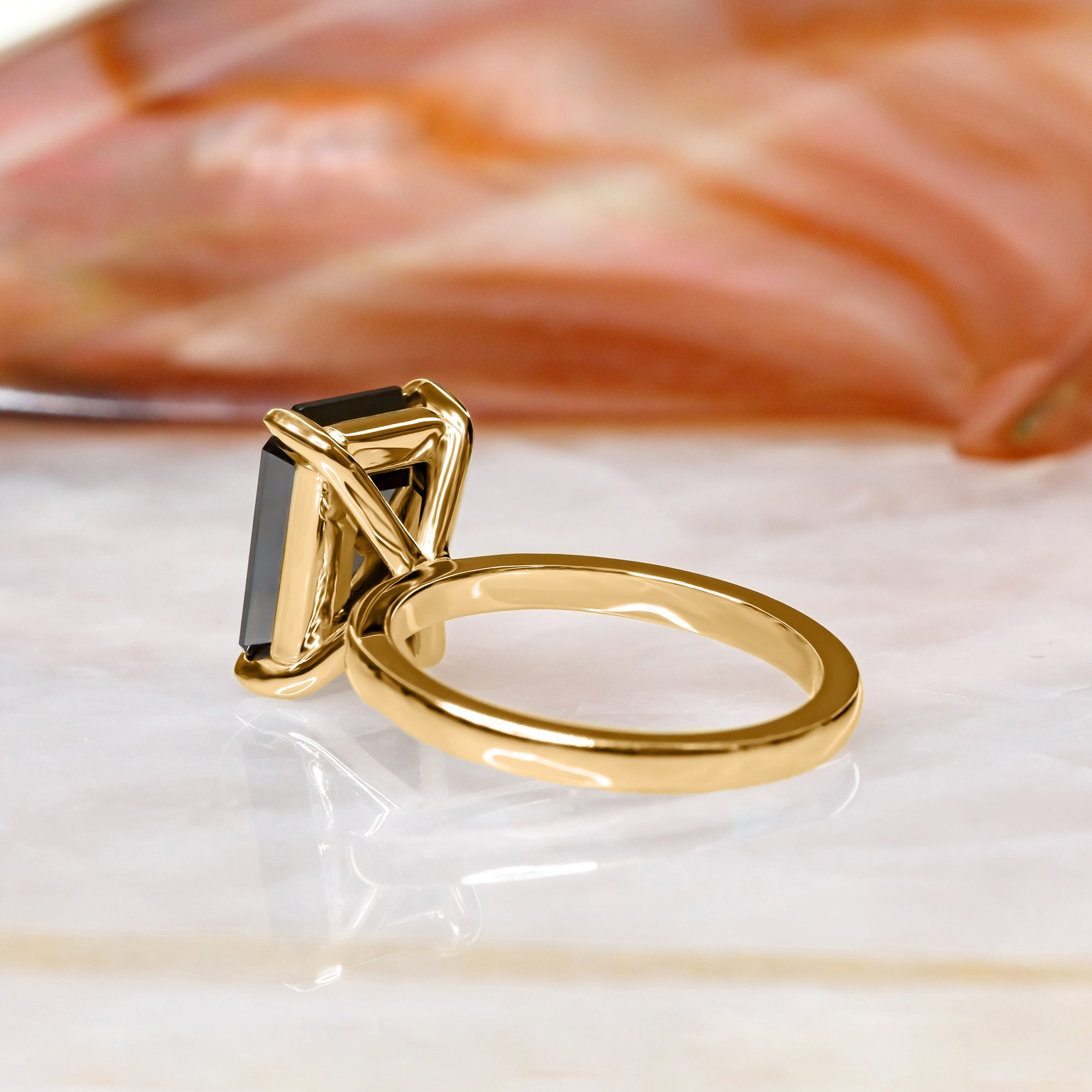 Solitaire  Natural Black Diamond Emerald Cut Engagement Ring