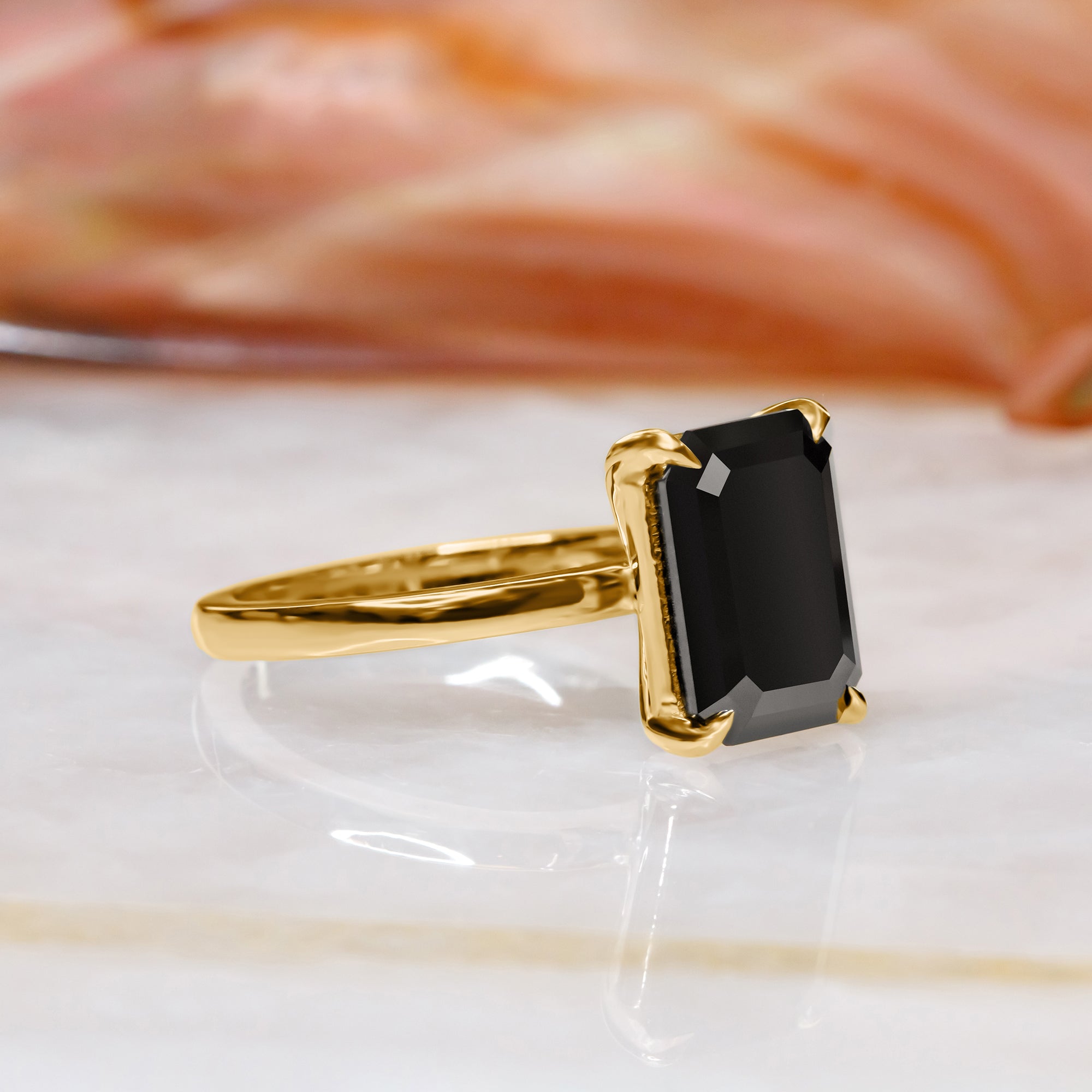 Solitaire  Natural Black Diamond Emerald Cut Engagement Ring