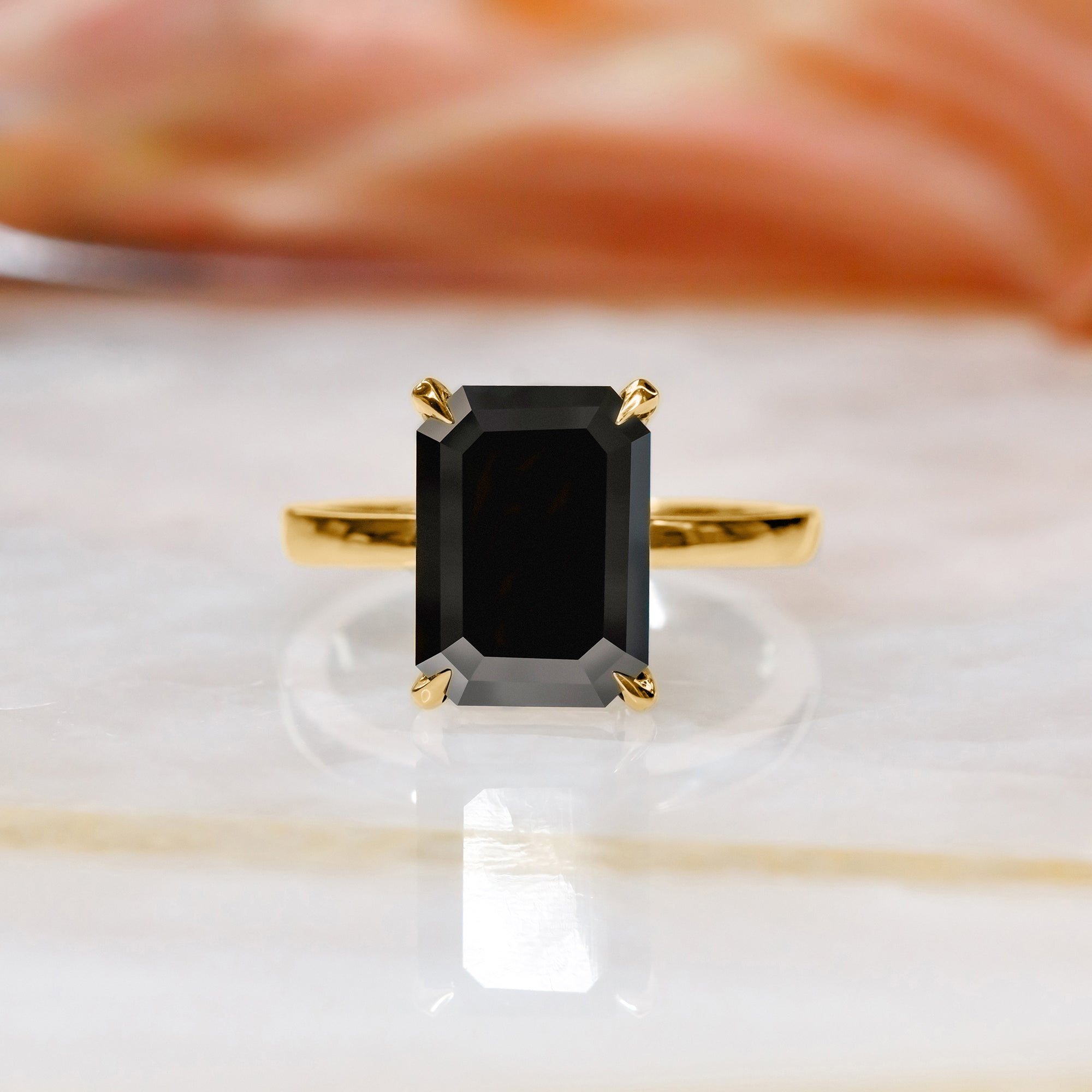 Solitaire  Natural Black Diamond Emerald Cut Engagement Ring