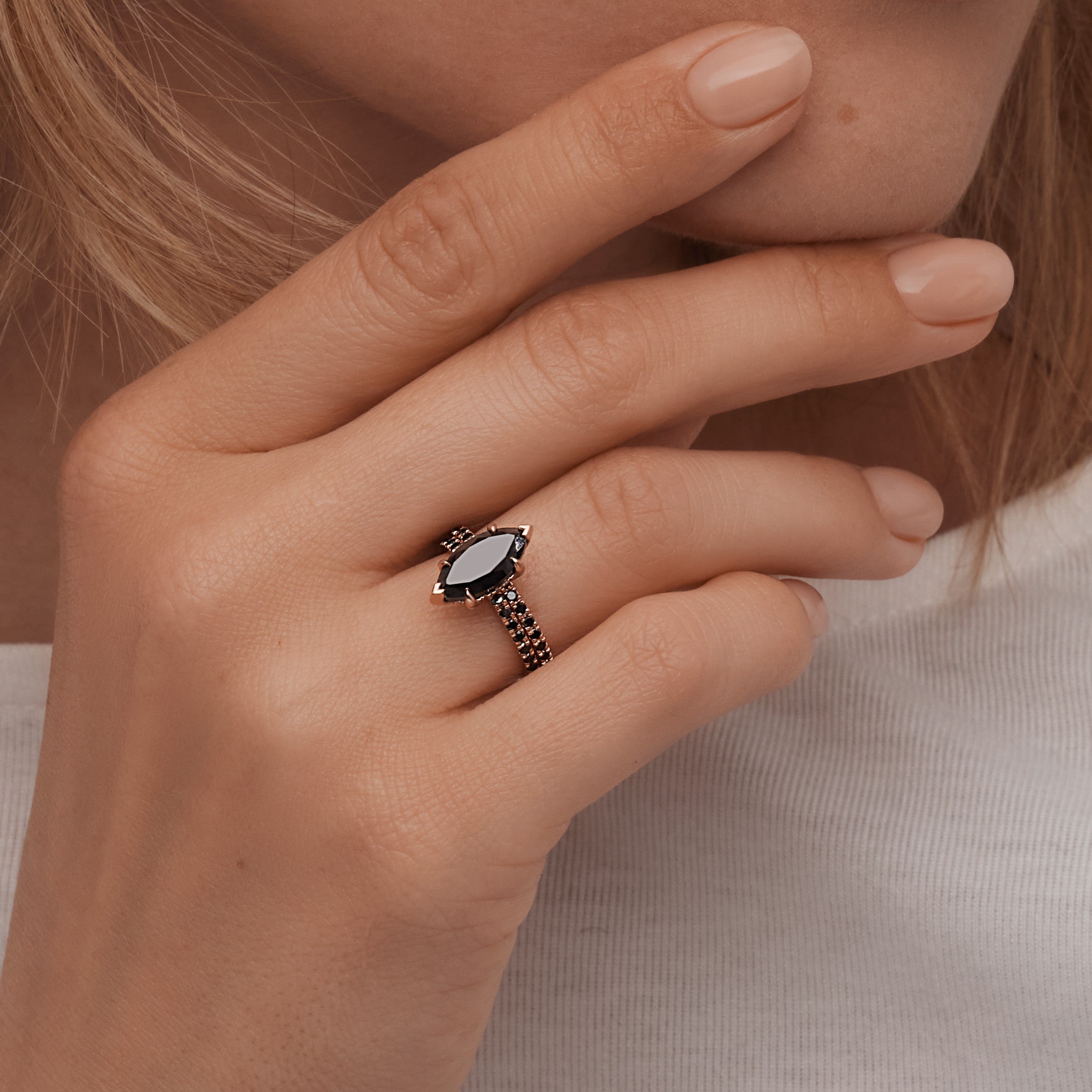 Black & White Natural Diamond Marquise Cut Engagement Ring
