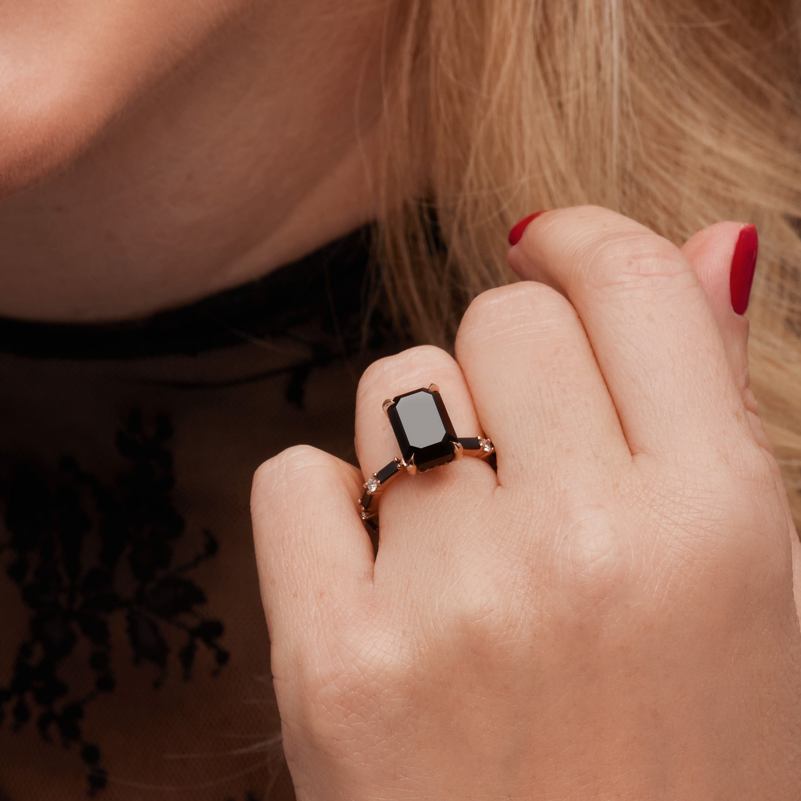 Art Deco Natural Black Diamond Emerald Cut Engagement Ring
