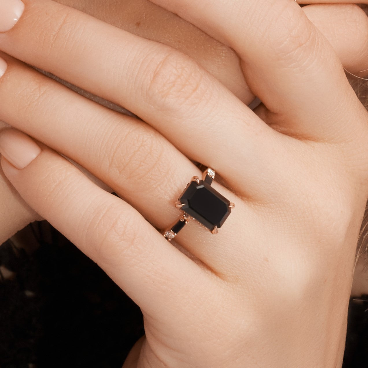 Art Deco Natural Black Diamond Emerald Cut Engagement Ring