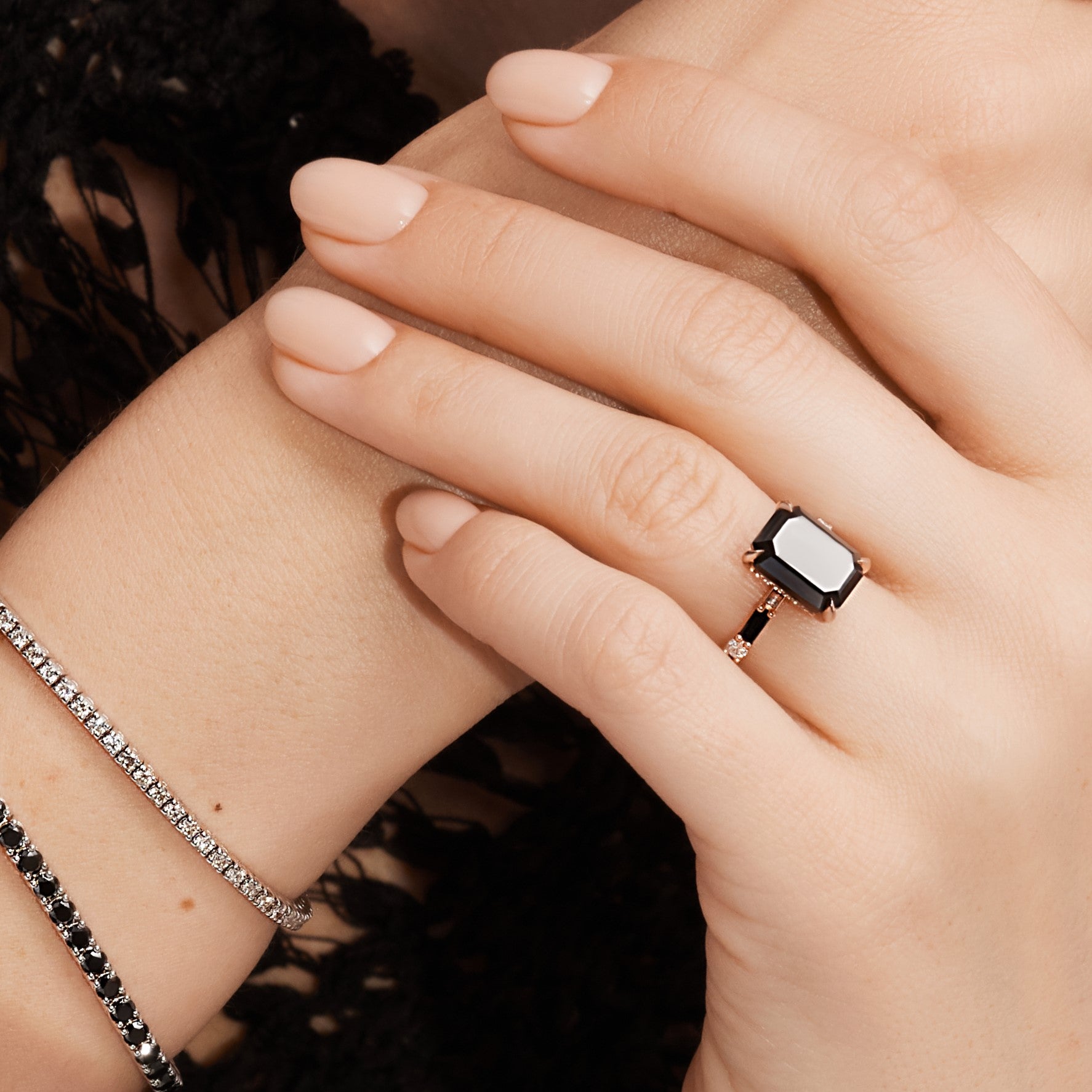 Art Deco Natural Black Diamond Emerald Cut Engagement Ring