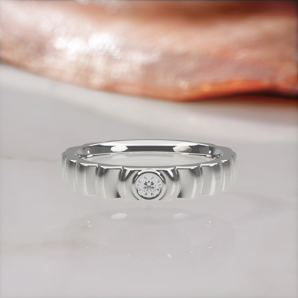 Gravitational Wave wedding band in white gold with a natural white diamond, front view