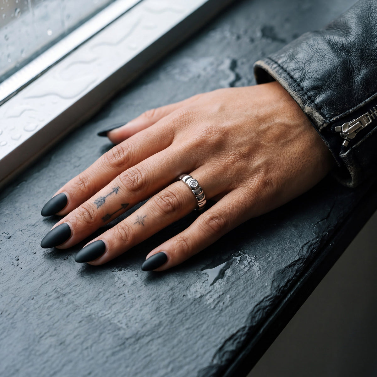 White gold Gravitational Wave wedding band with a white diamond on a hand on a slate windowsill