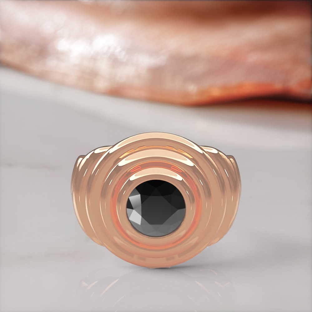 Gravitational Wave engagement ring in rose gold with a natural black diamond, front view