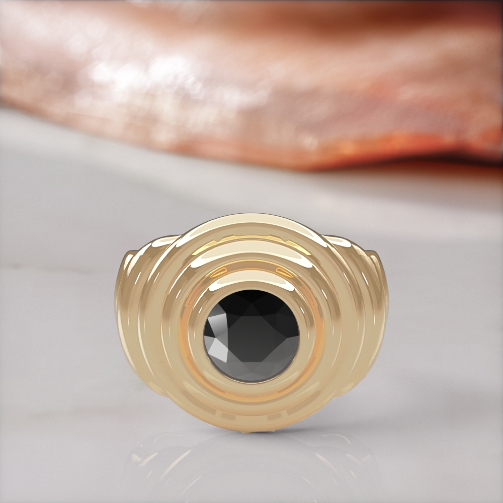 Gravitational Wave engagement ring in yellow gold with a natural black diamond, front view