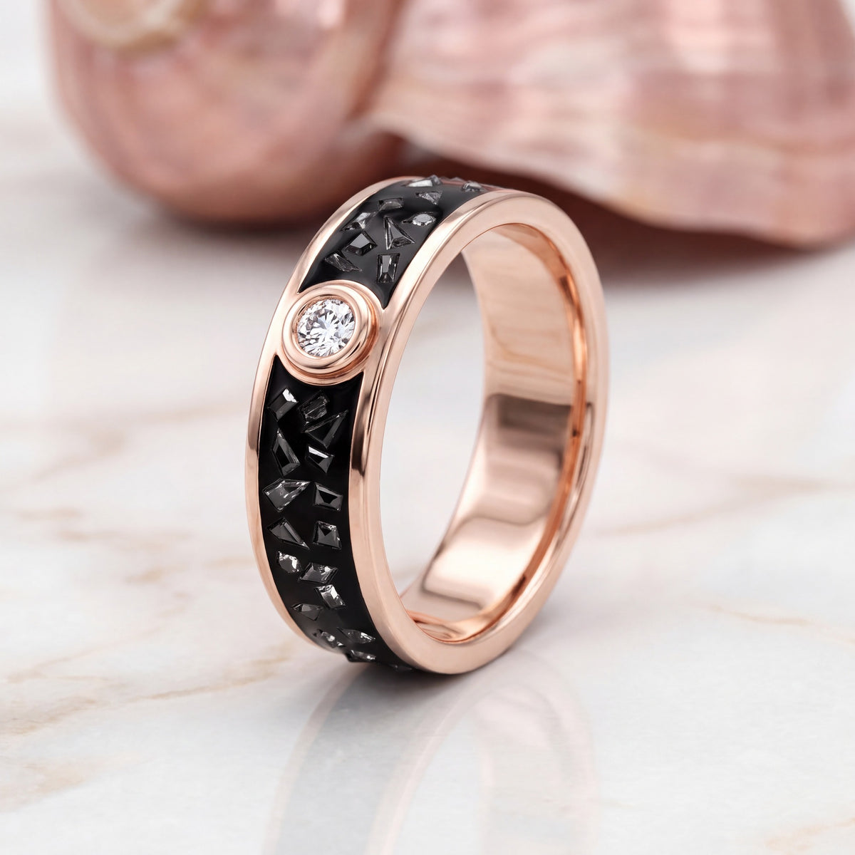 Accretion black enamel band with a white diamond, standing, rose gold