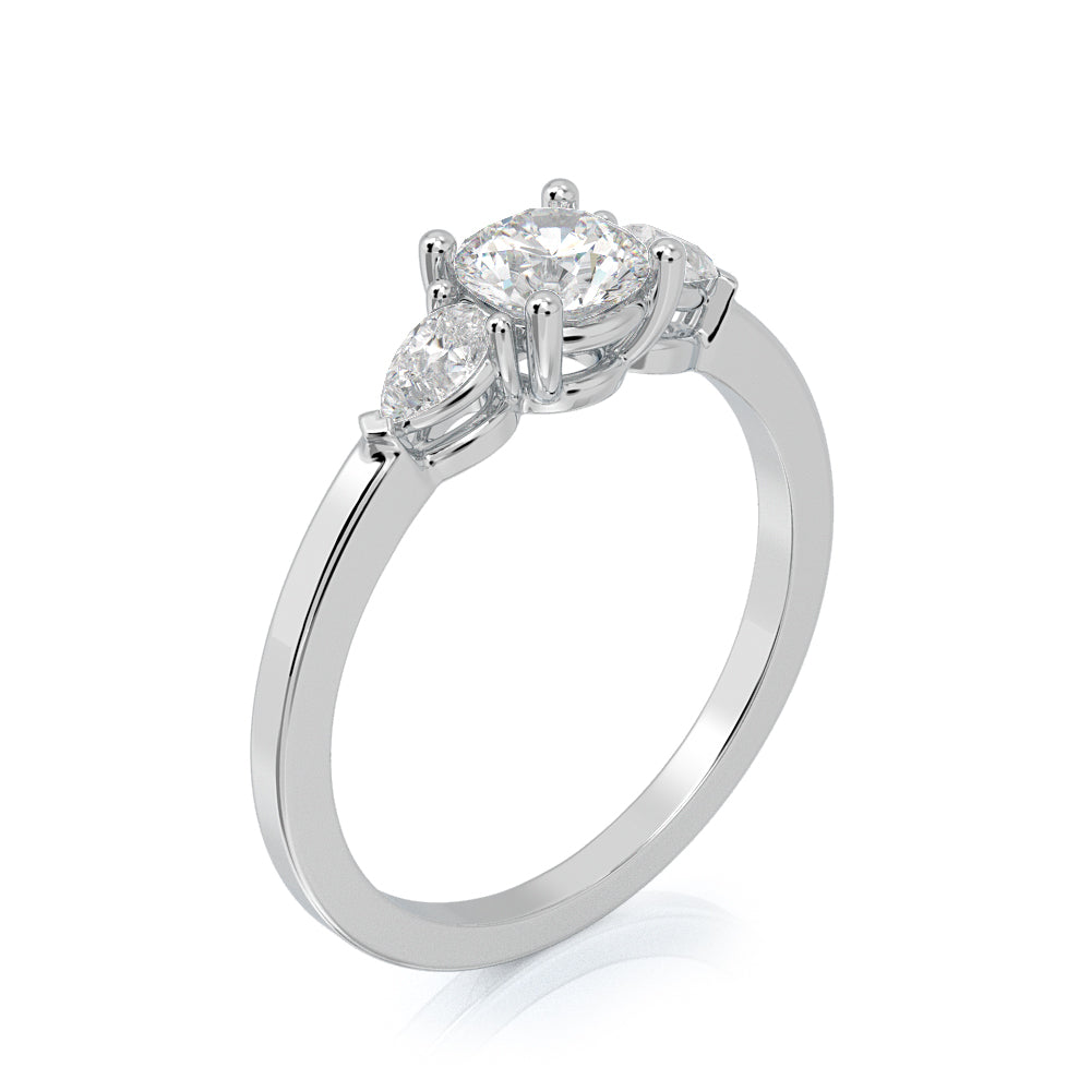 Three Stone Pear & Round Natural Diamond Engagement Ring