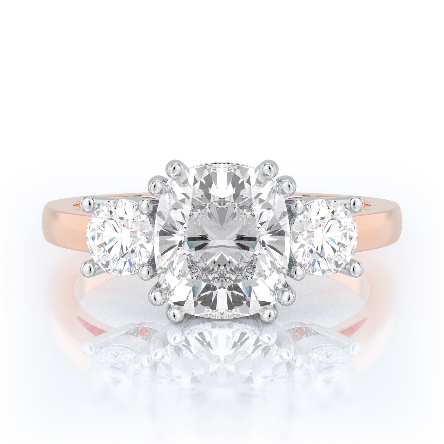 Three-Stone Two-Tone Natural Cushion Cut Diamond Engagement Ring