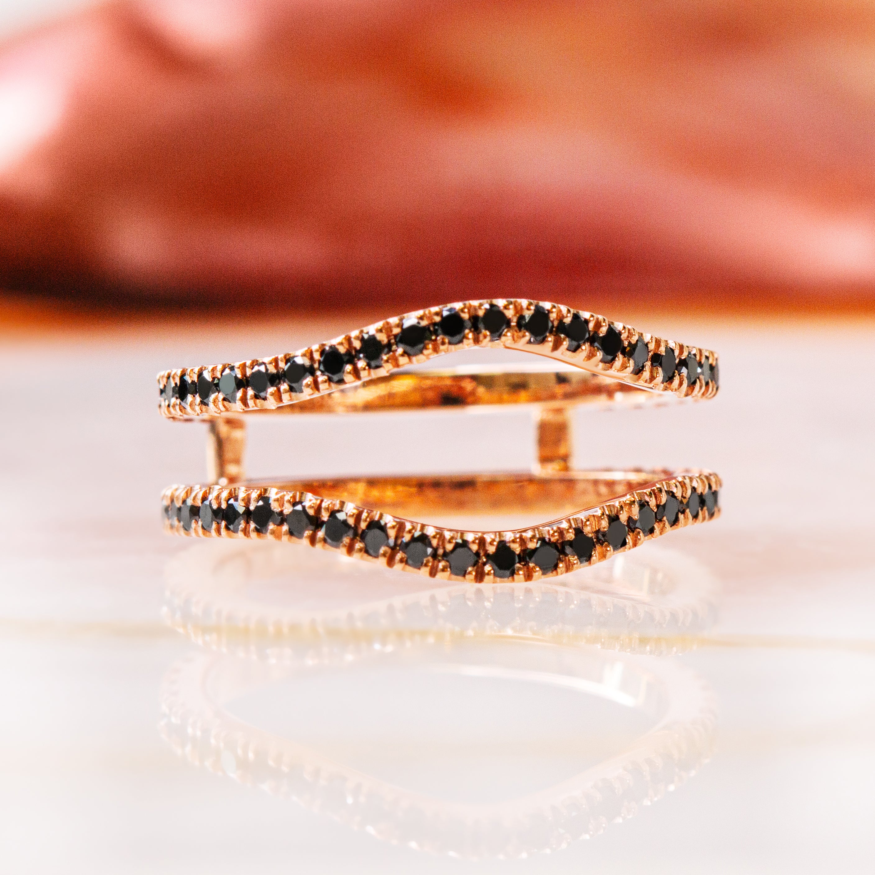 Double Band Wedding Ring with Round Cut Natural Black Diamonds
