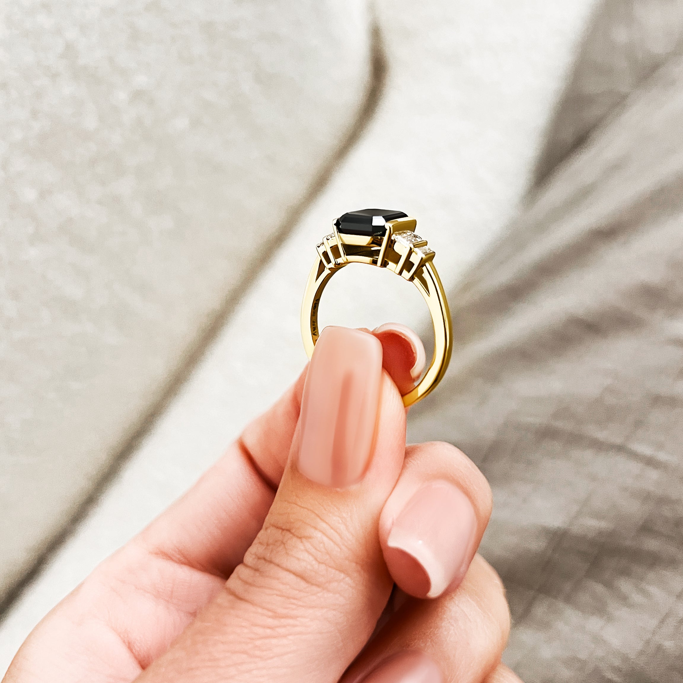 Art Deco  Natural Black Diamond Emerald Engagement Ring in Yellow Gold