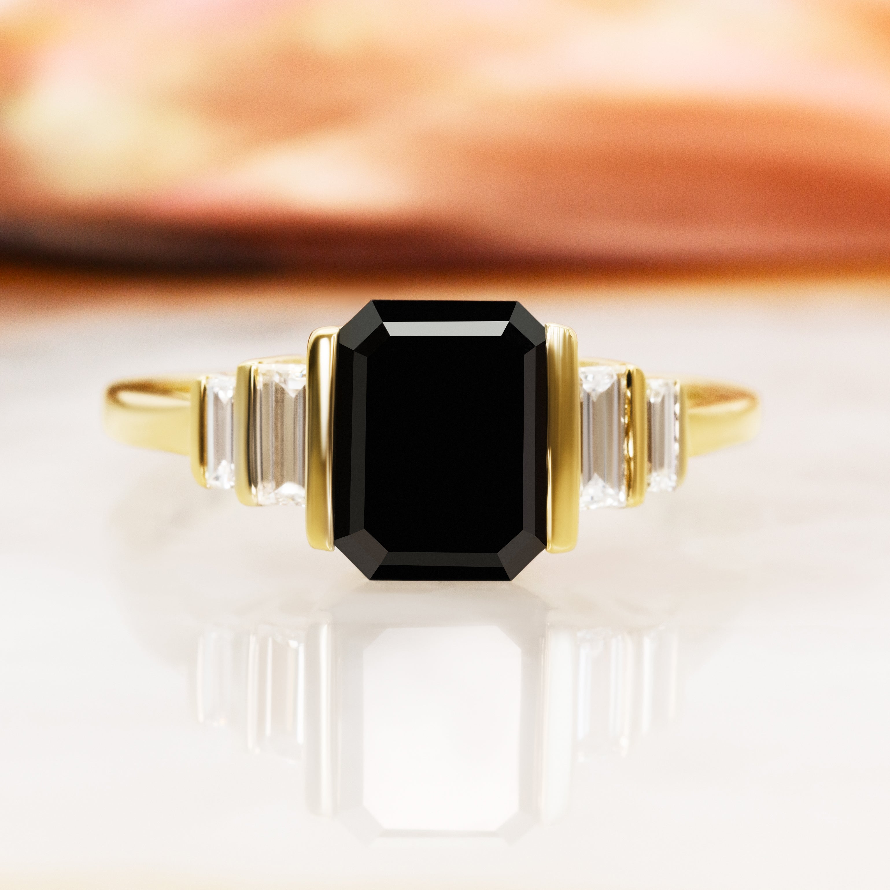 Art Deco  Natural Black Diamond Emerald Engagement Ring in Yellow Gold