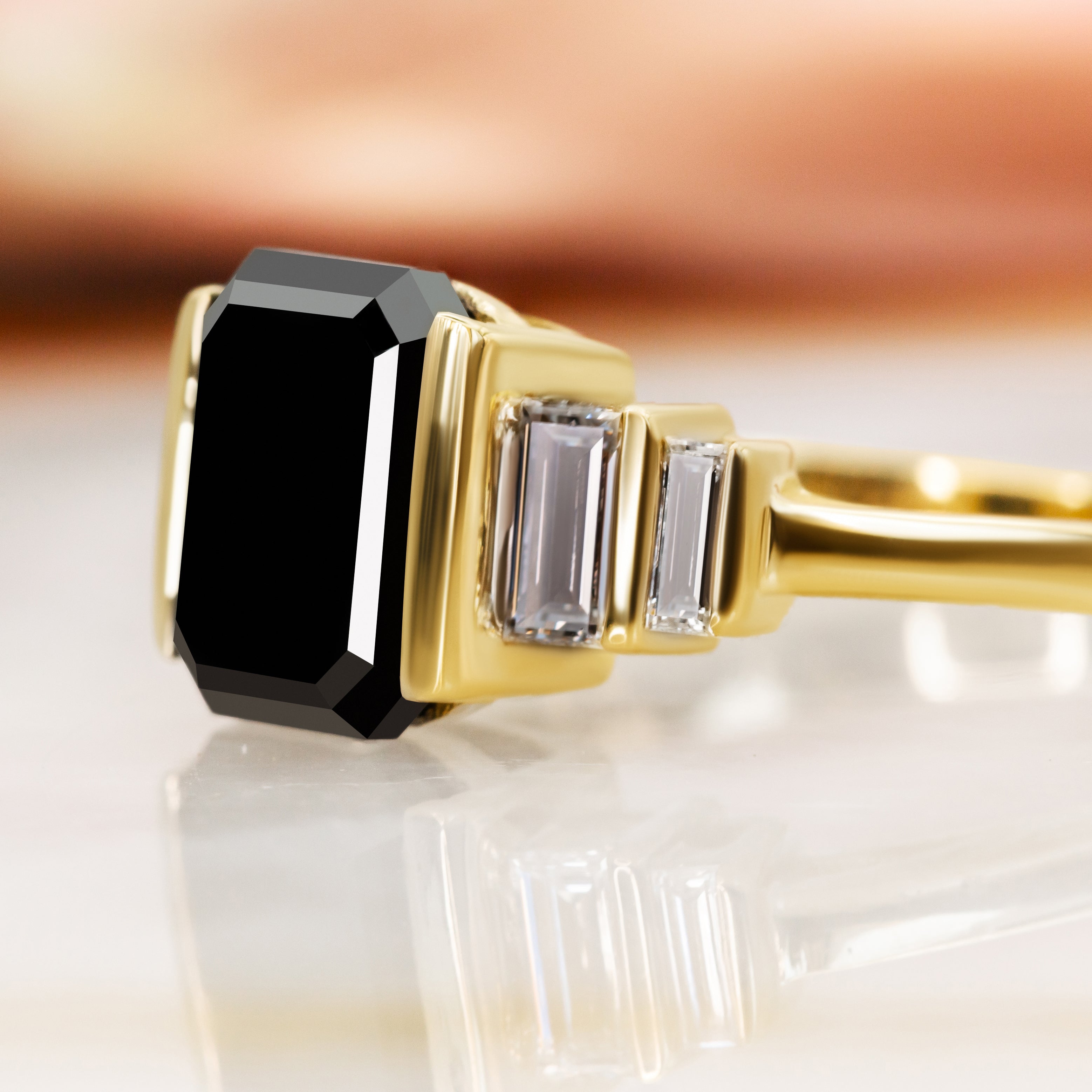 Art Deco  Natural Black Diamond Emerald Engagement Ring in Yellow Gold