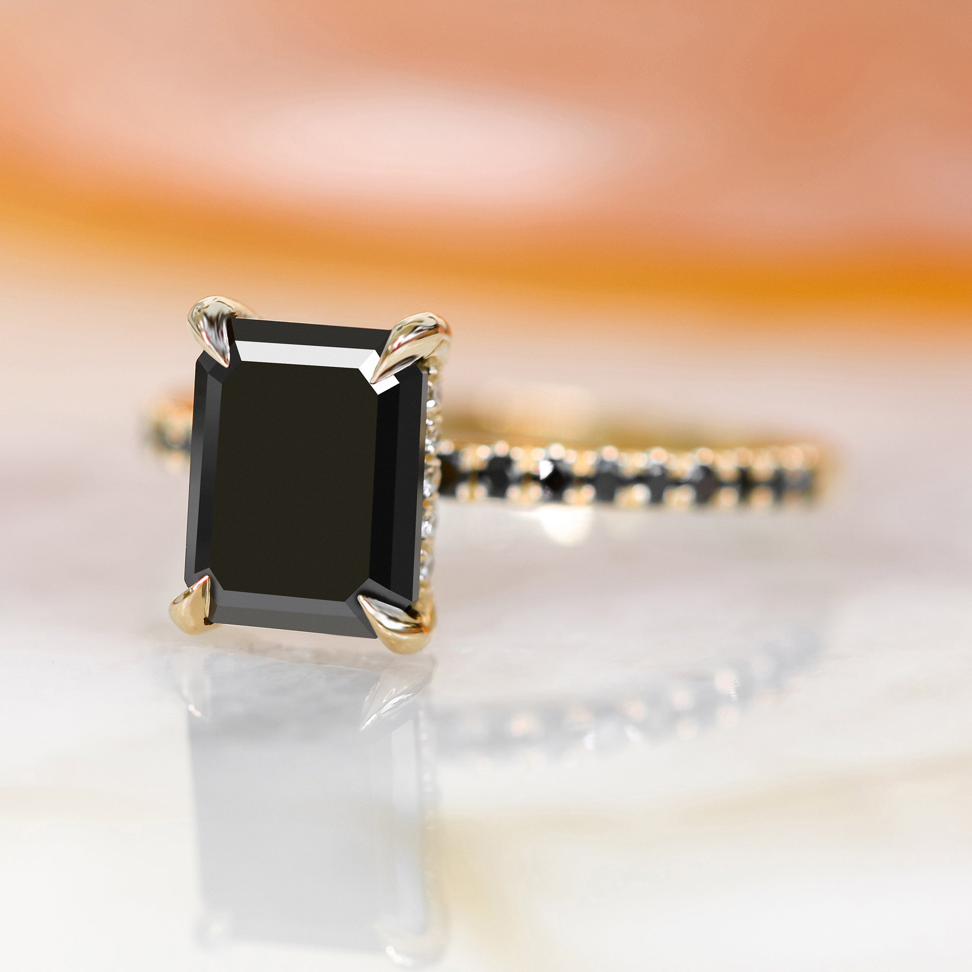 Unique  Natural Black Diamond Emerald Cut Engagement Ring