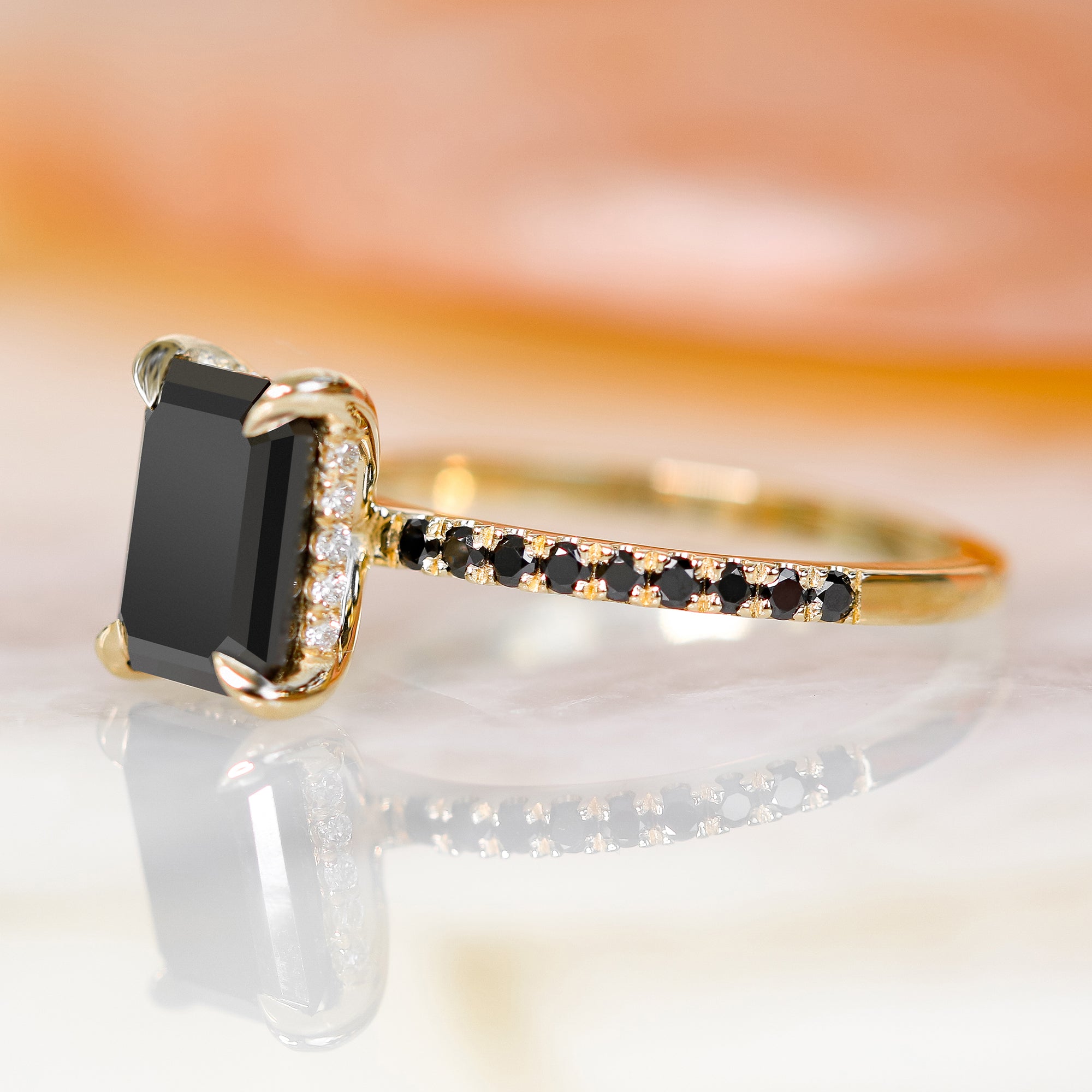 Unique  Natural Black Diamond Emerald Cut Engagement Ring