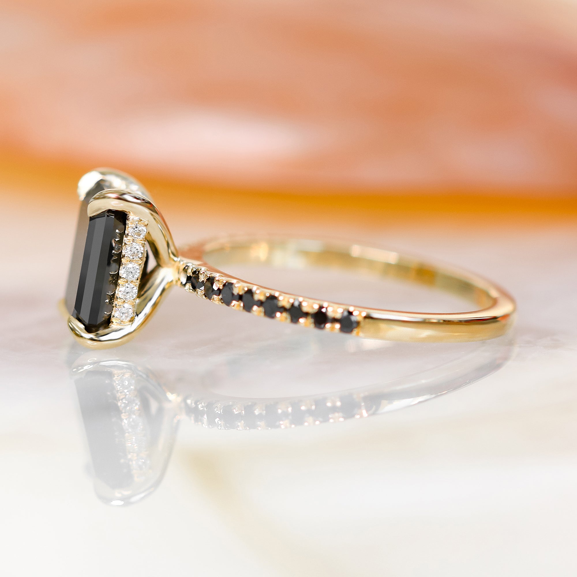 Unique  Natural Black Diamond Emerald Cut Engagement Ring