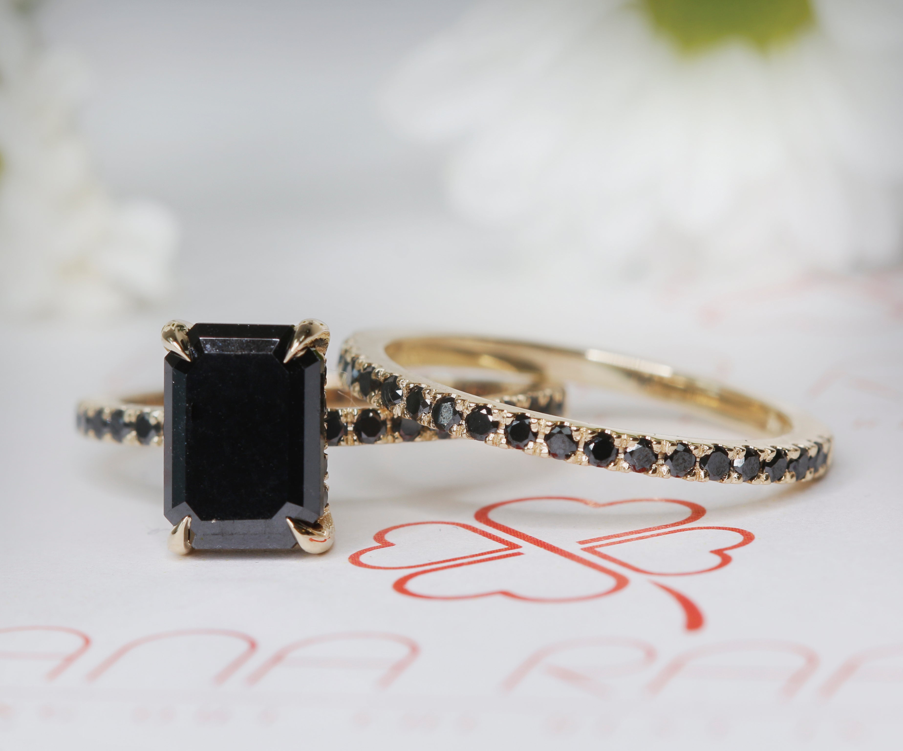 Unique  Natural Black Diamond Emerald Cut Engagement Ring
