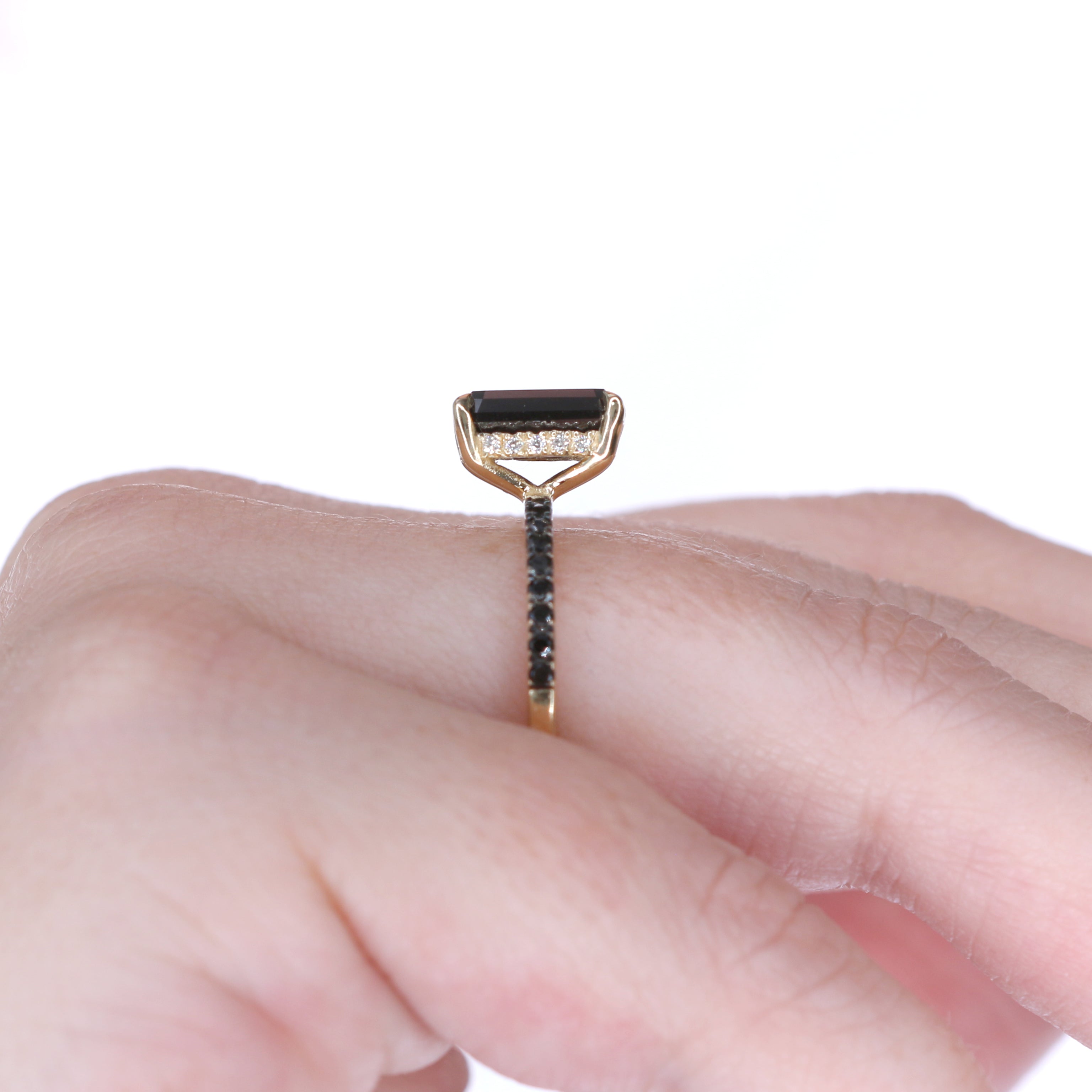 Unique  Natural Black Diamond Emerald Cut Engagement Ring