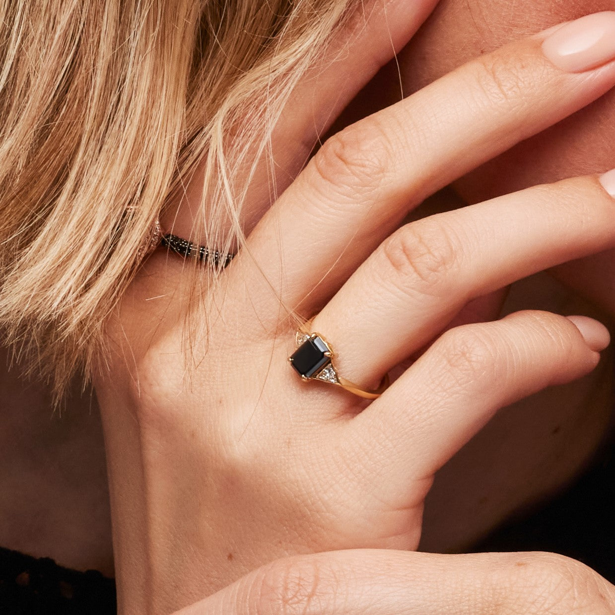 Three Stone Natural Black Diamond Emerald Cut & Triangle Engagement Ring in 14K Gold