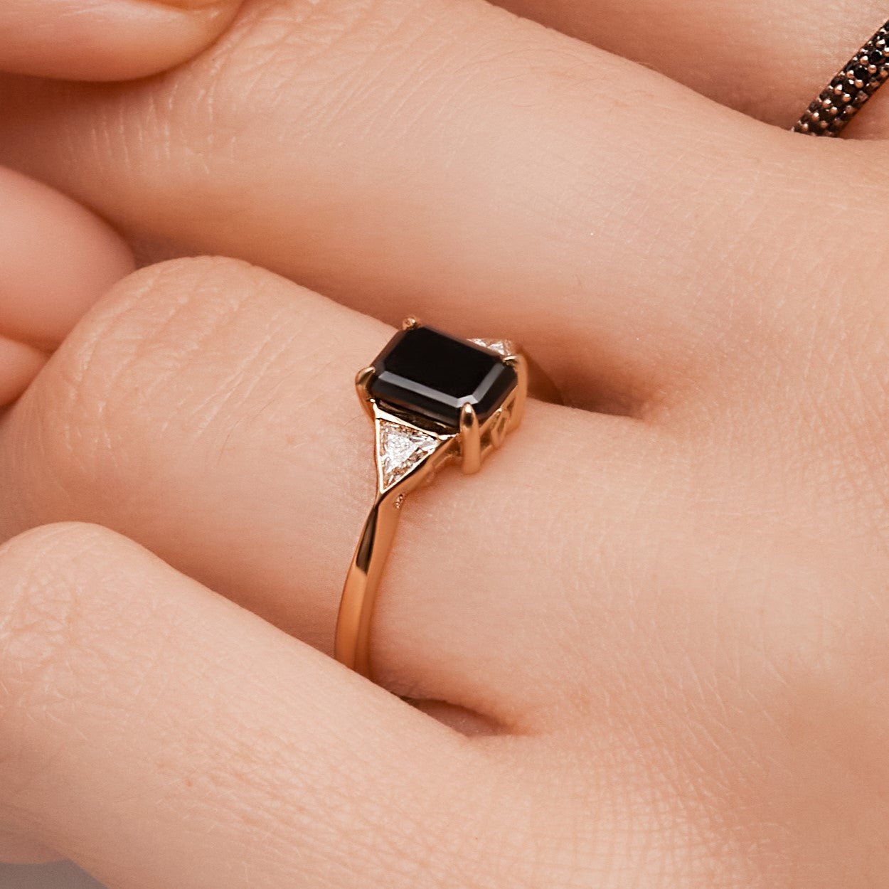 Three Stone Natural Black Diamond Emerald Cut & Triangle Engagement Ring in 14K Gold
