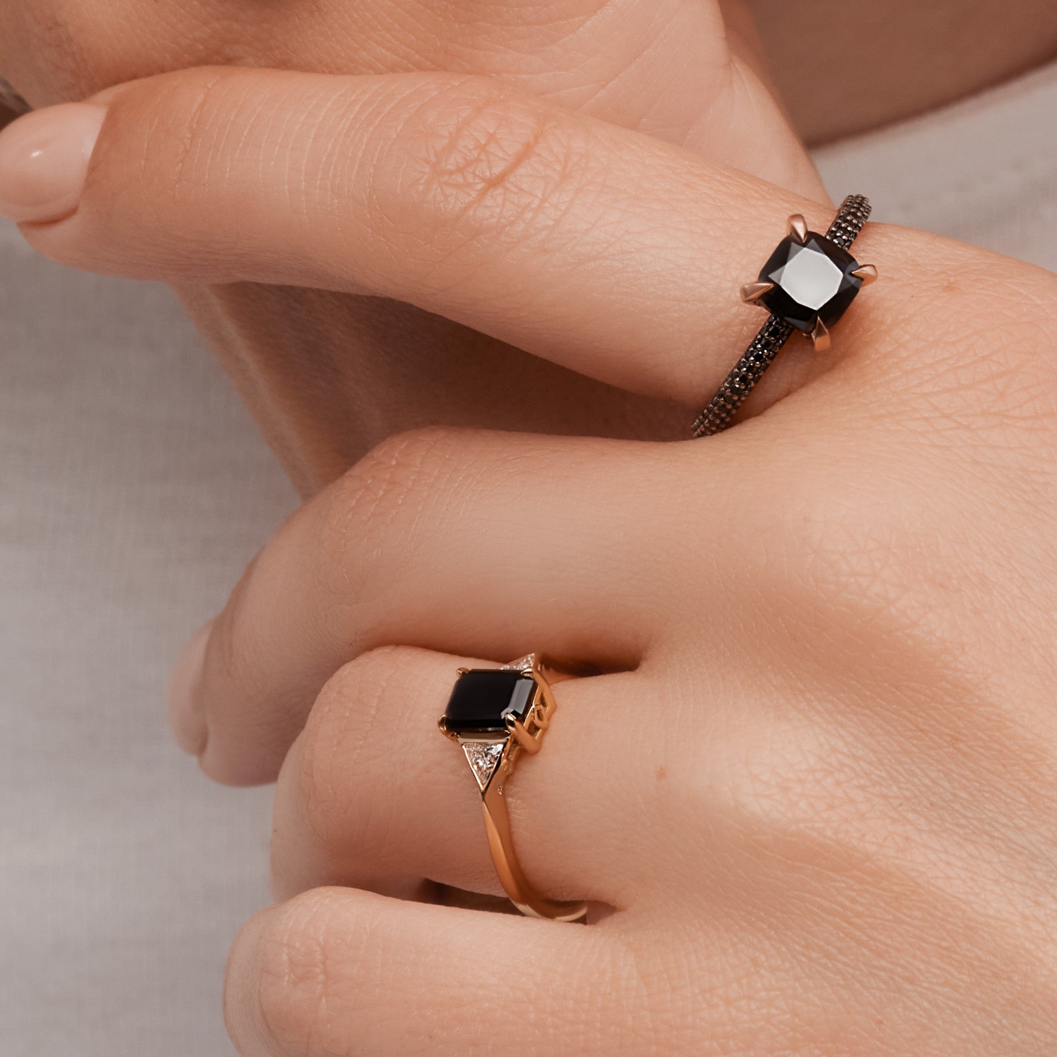 Three Stone Natural Black Diamond Emerald Cut & Triangle Engagement Ring in 14K Gold