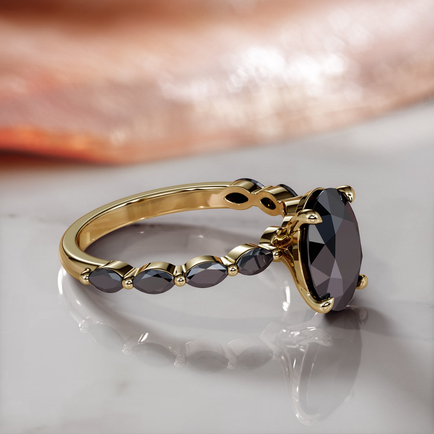 Art-Deco Natural Black Diamond Multi Shaped Engagement Ring