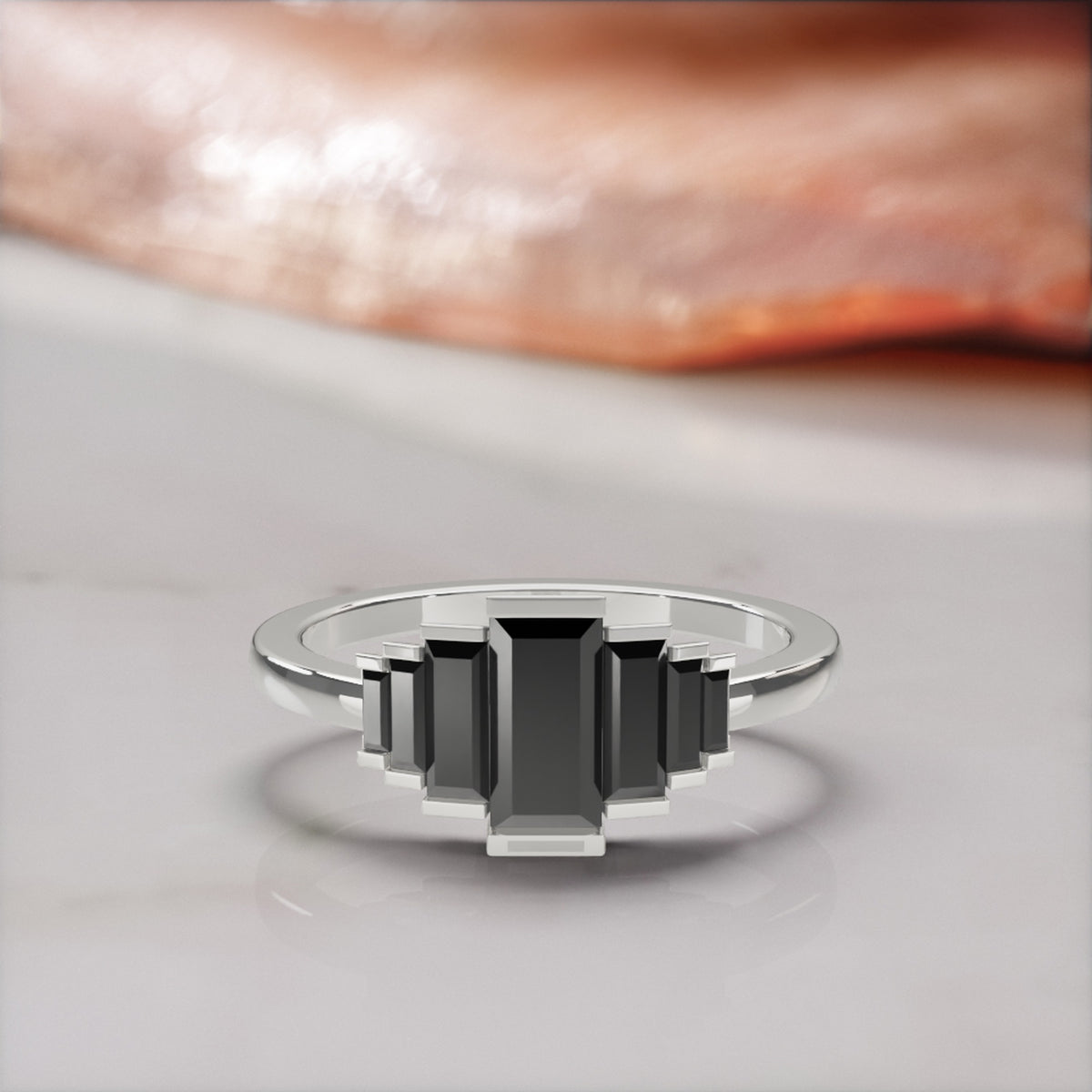 Pleiades graduated baguette natural black diamond ring in white gold, front view