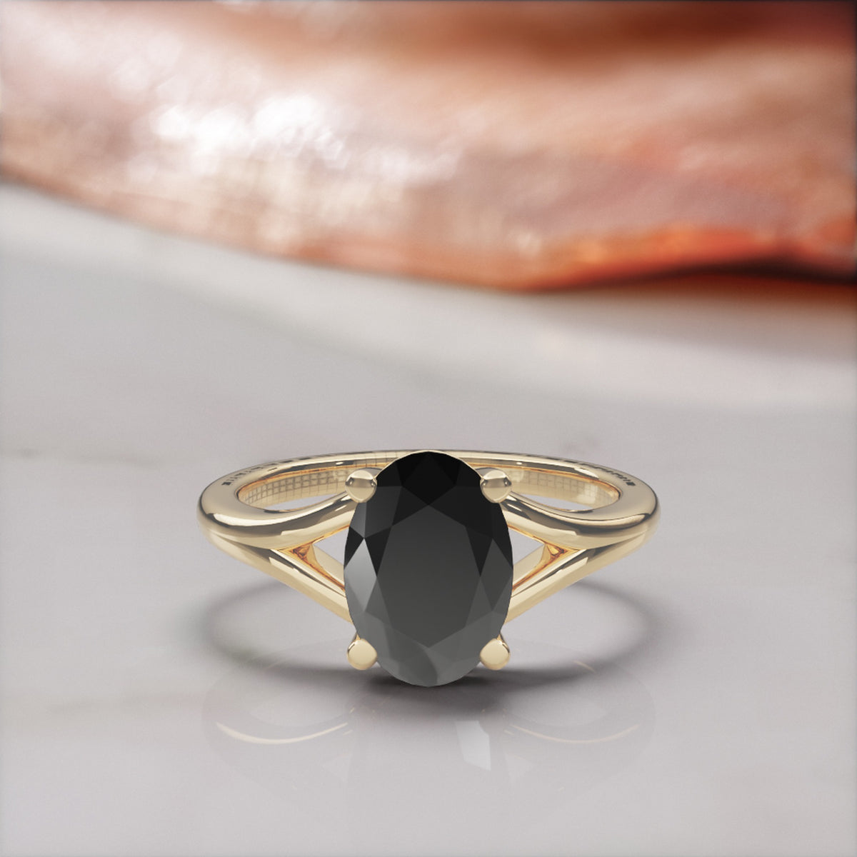 Melusine oval natural black diamond split shank engagement ring in yellow gold, front view