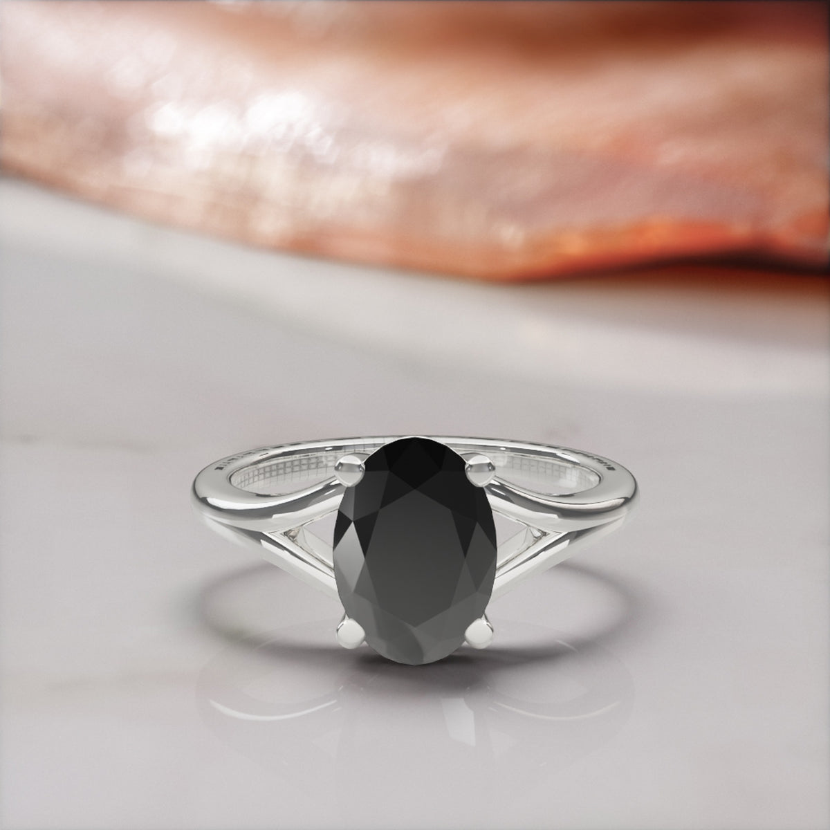 Melusine oval natural black diamond split shank engagement ring in white gold, front view