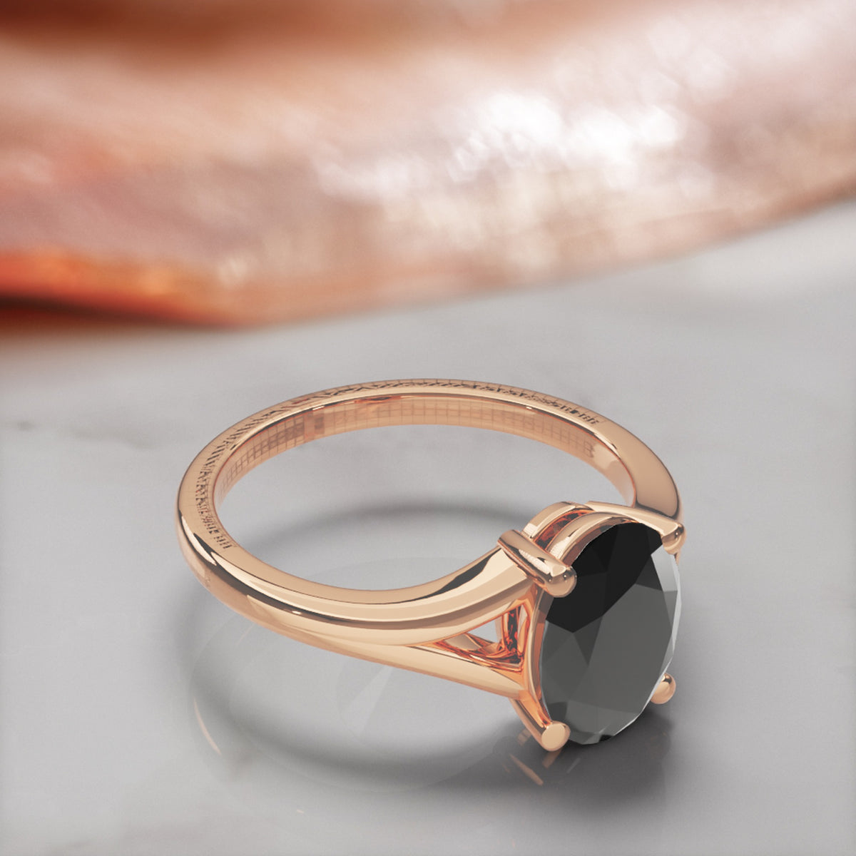 Melusine oval natural black diamond split shank engagement ring in rose gold, three-quarter view