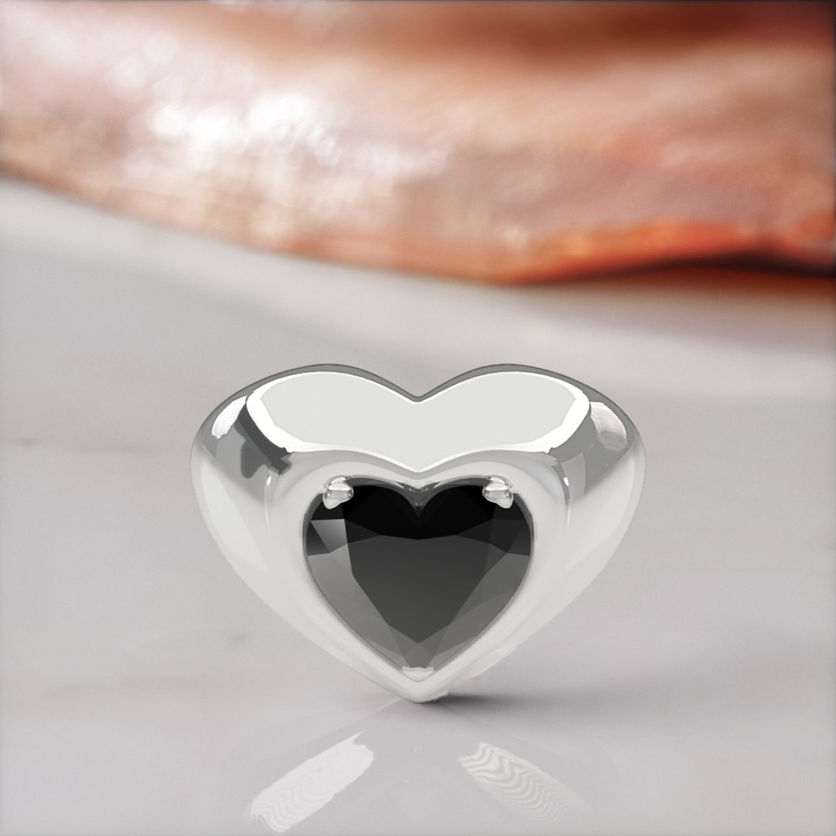 Cor Caroli heart shaped natural black diamond bezel ring in white gold, front view