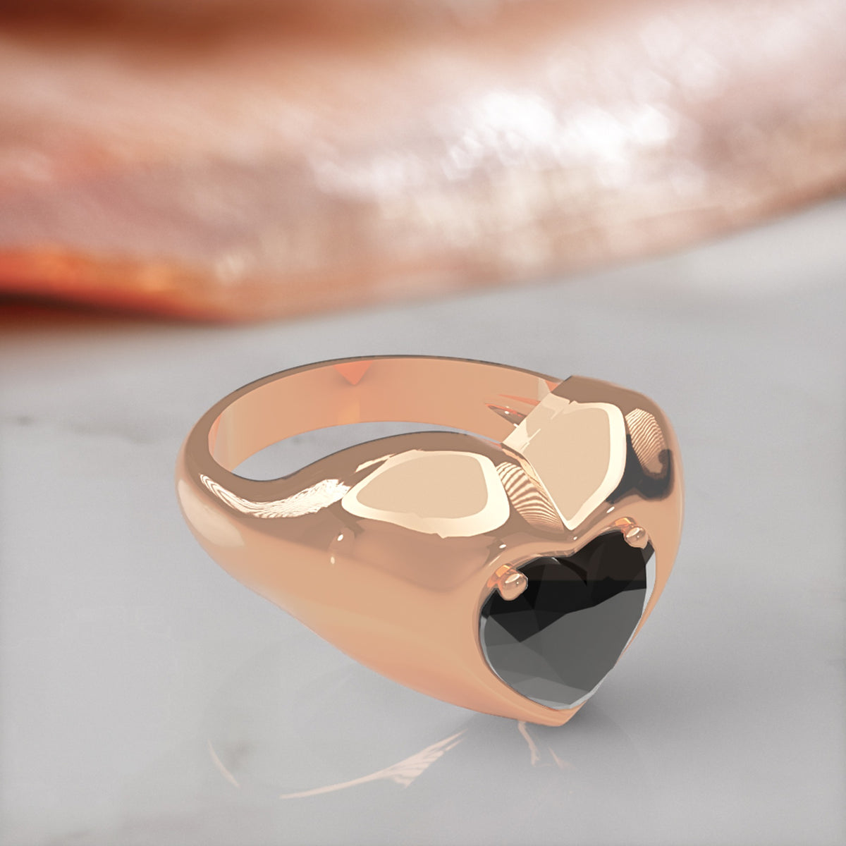 Cor Caroli heart shaped natural black diamond bezel ring in rose gold, three-quarter view