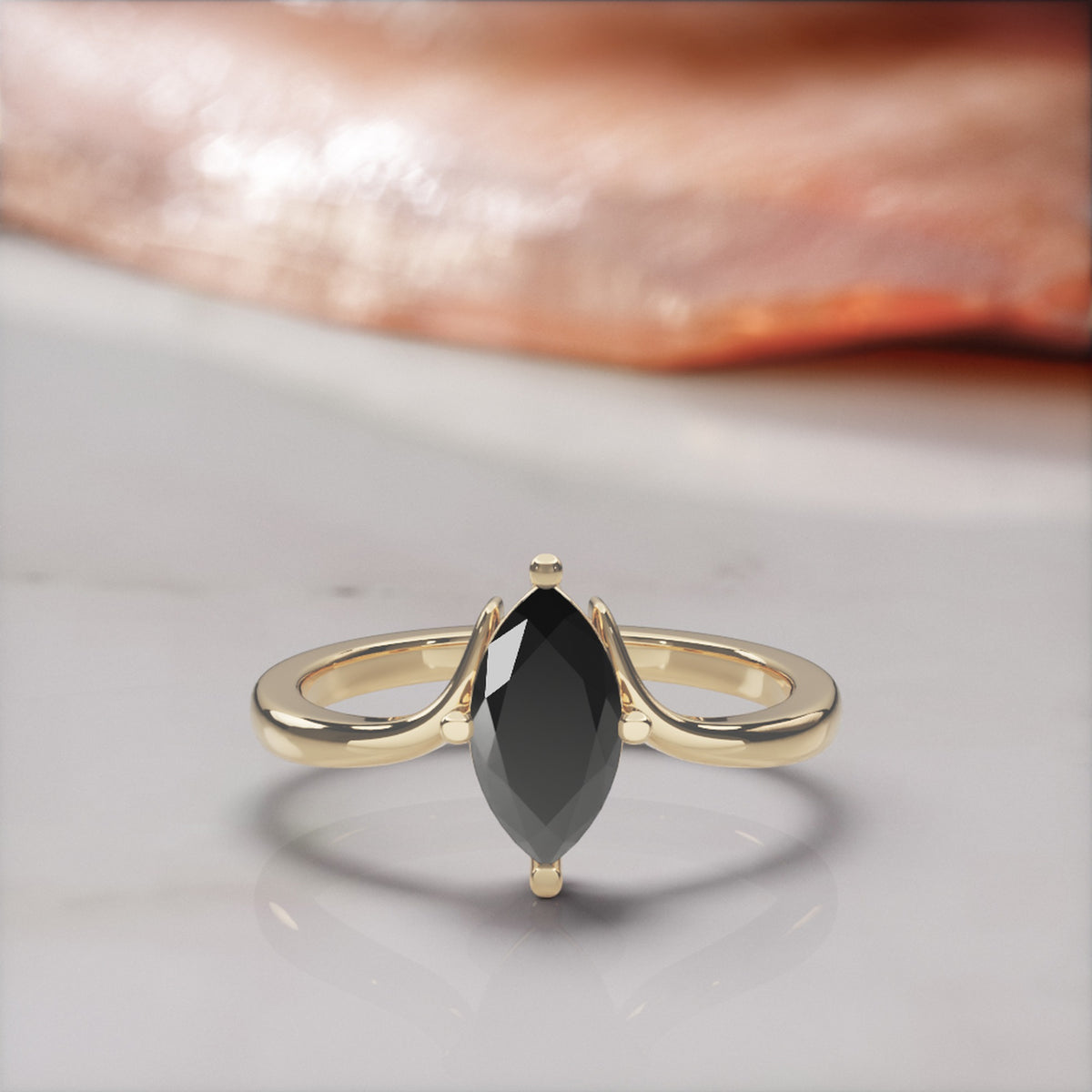 Phoenix marquise natural black diamond bypass engagement ring in yellow gold, front view