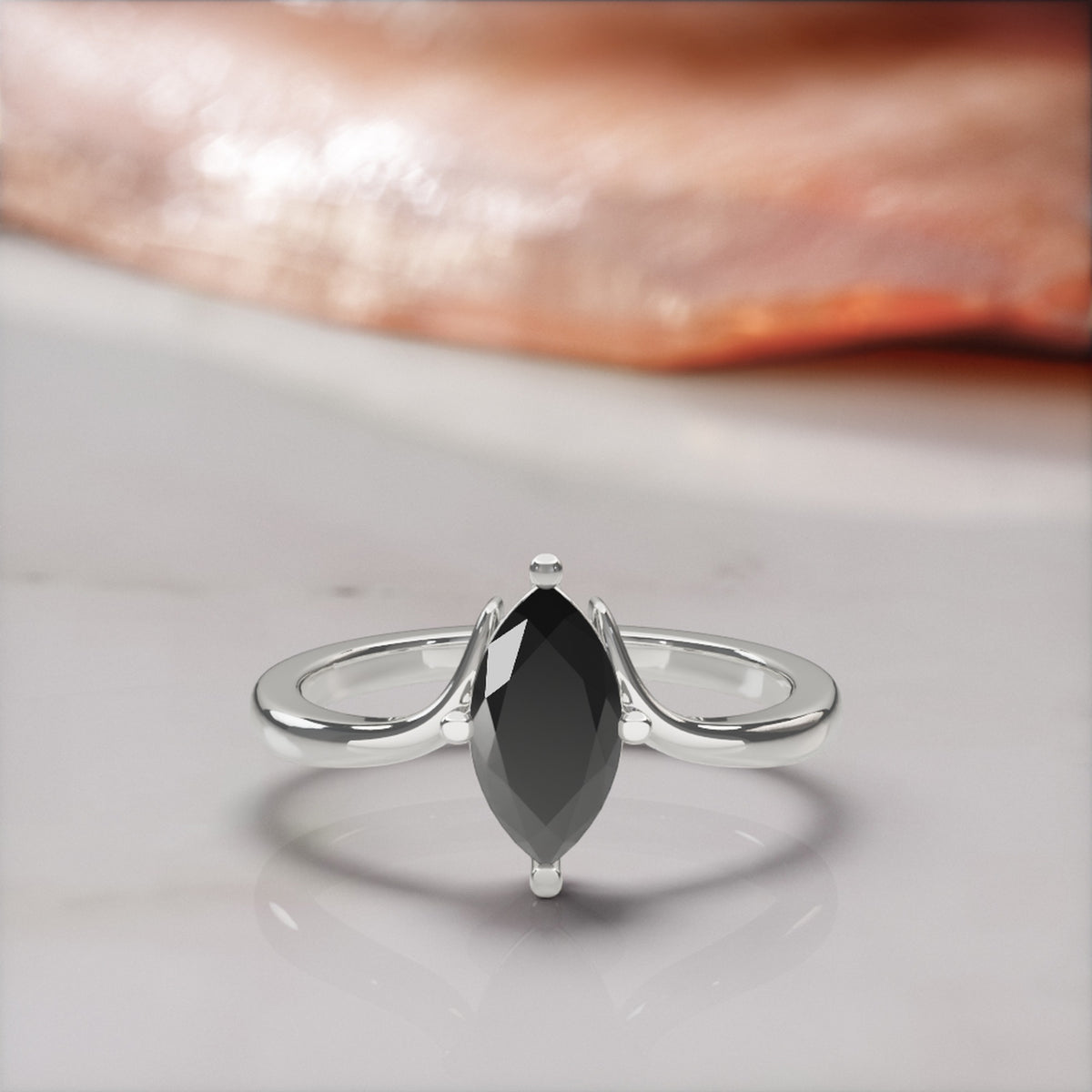 Phoenix marquise natural black diamond bypass engagement ring in white gold, front view