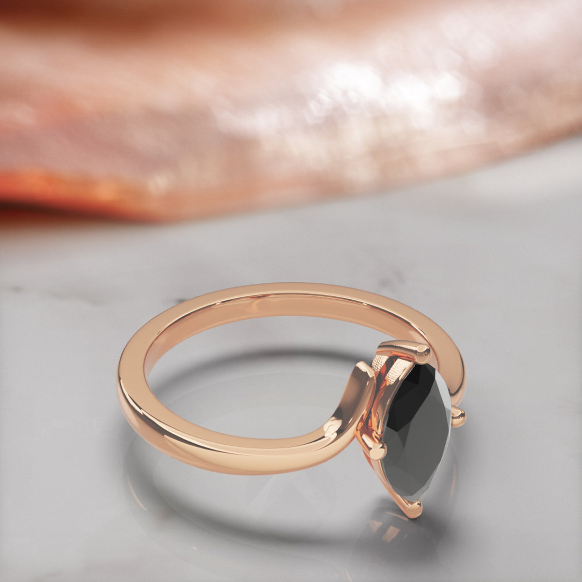 Phoenix marquise natural black diamond bypass engagement ring in rose gold, three-quarter view
