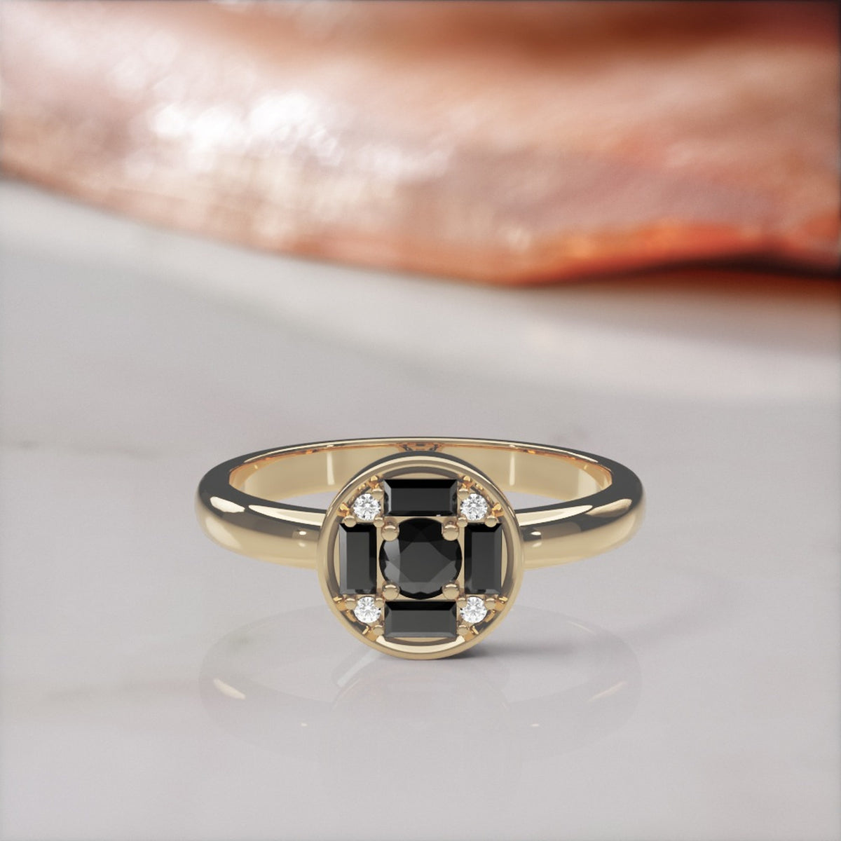 Polaris compass natural black diamond ring with baguettes and white diamond accents in yellow gold, front view