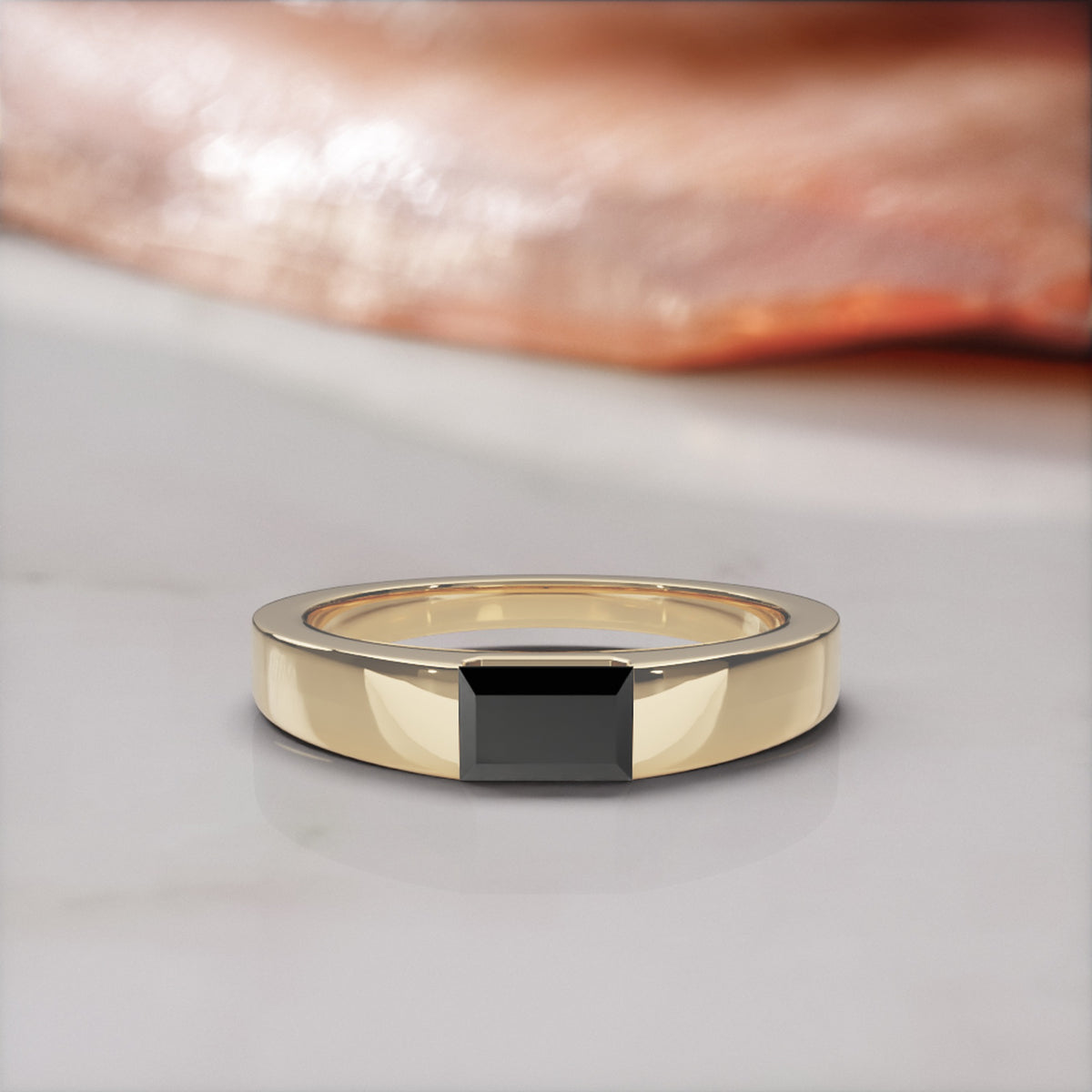 Janus east-west baguette natural black diamond ring in yellow gold, front view