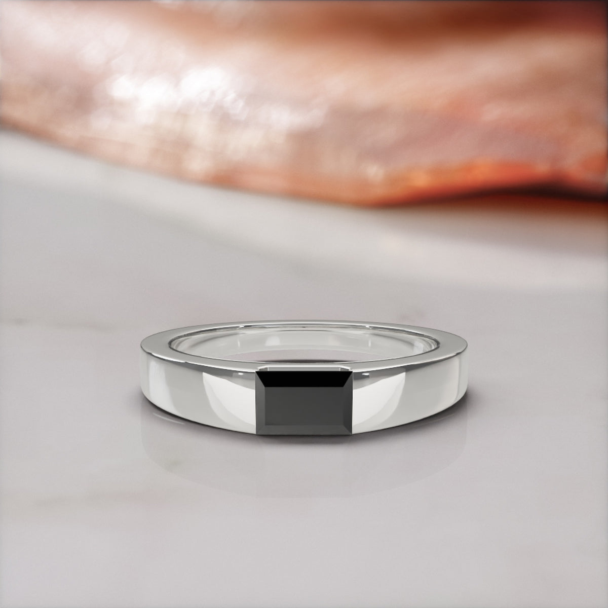 Janus east-west baguette natural black diamond ring in white gold, front view