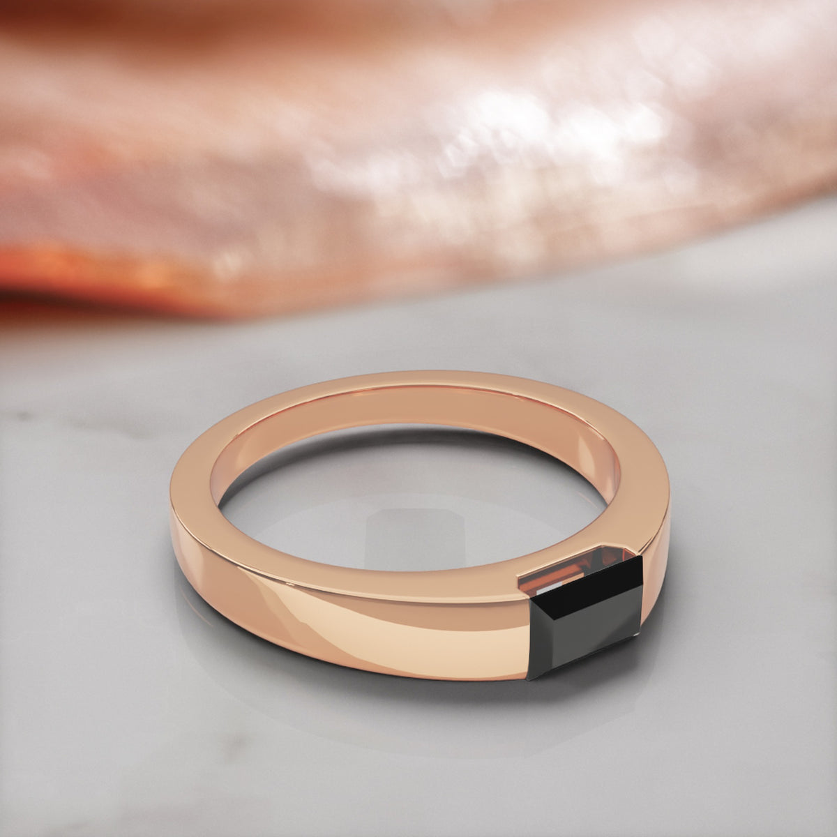 Janus east-west baguette natural black diamond ring in rose gold, three-quarter view