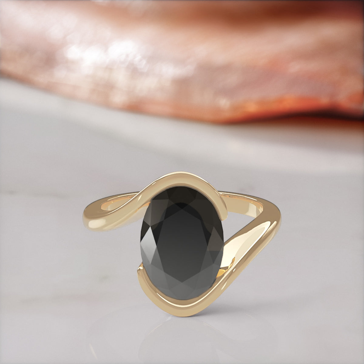 Selkie bypass oval natural black diamond engagement ring in yellow gold, front view
